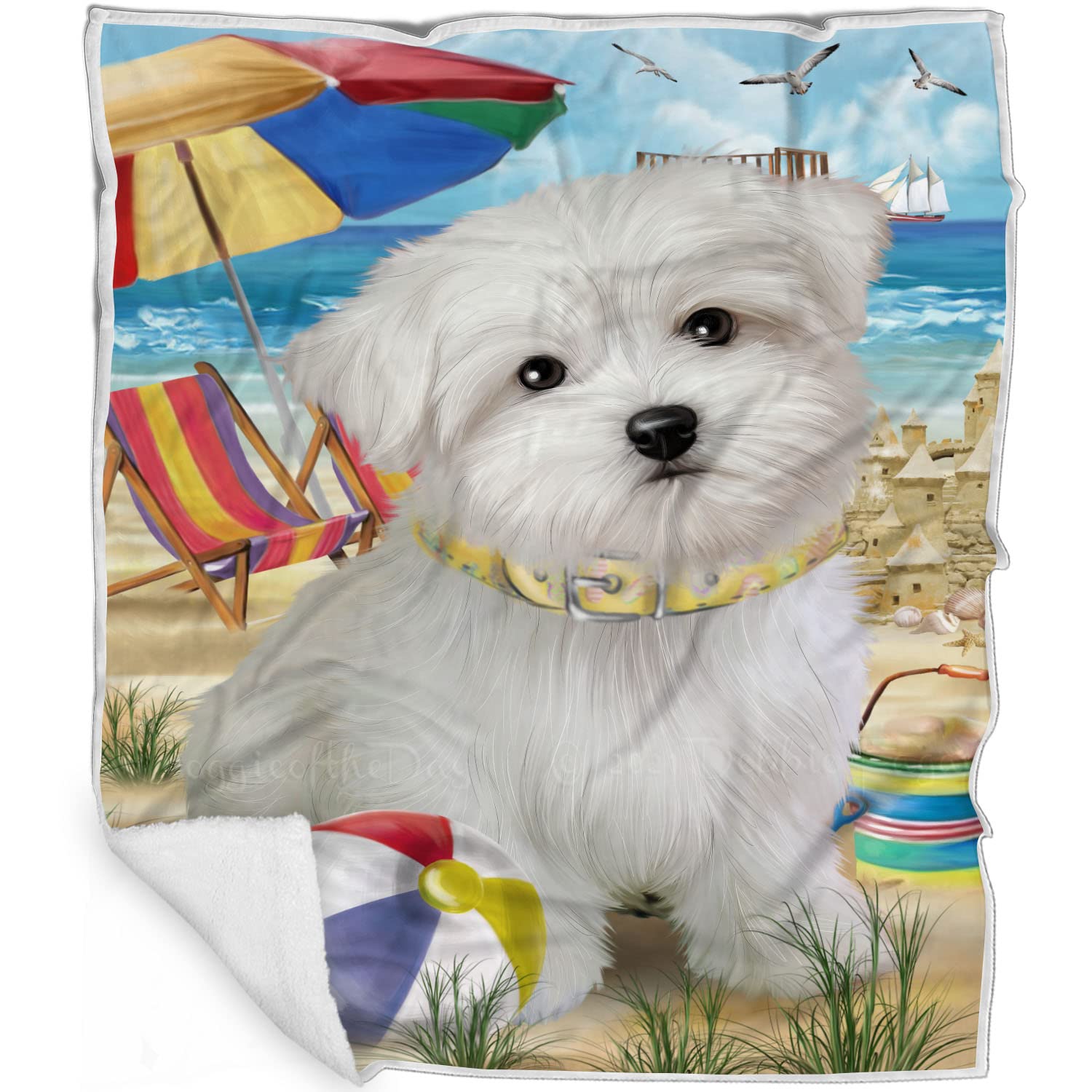 Pet Friendly Beach Maltese Dog Blanket  Lightweight Super Soft Cozy and Durable Bed Blanket  Animal Theme Fuzzy Blanket for So