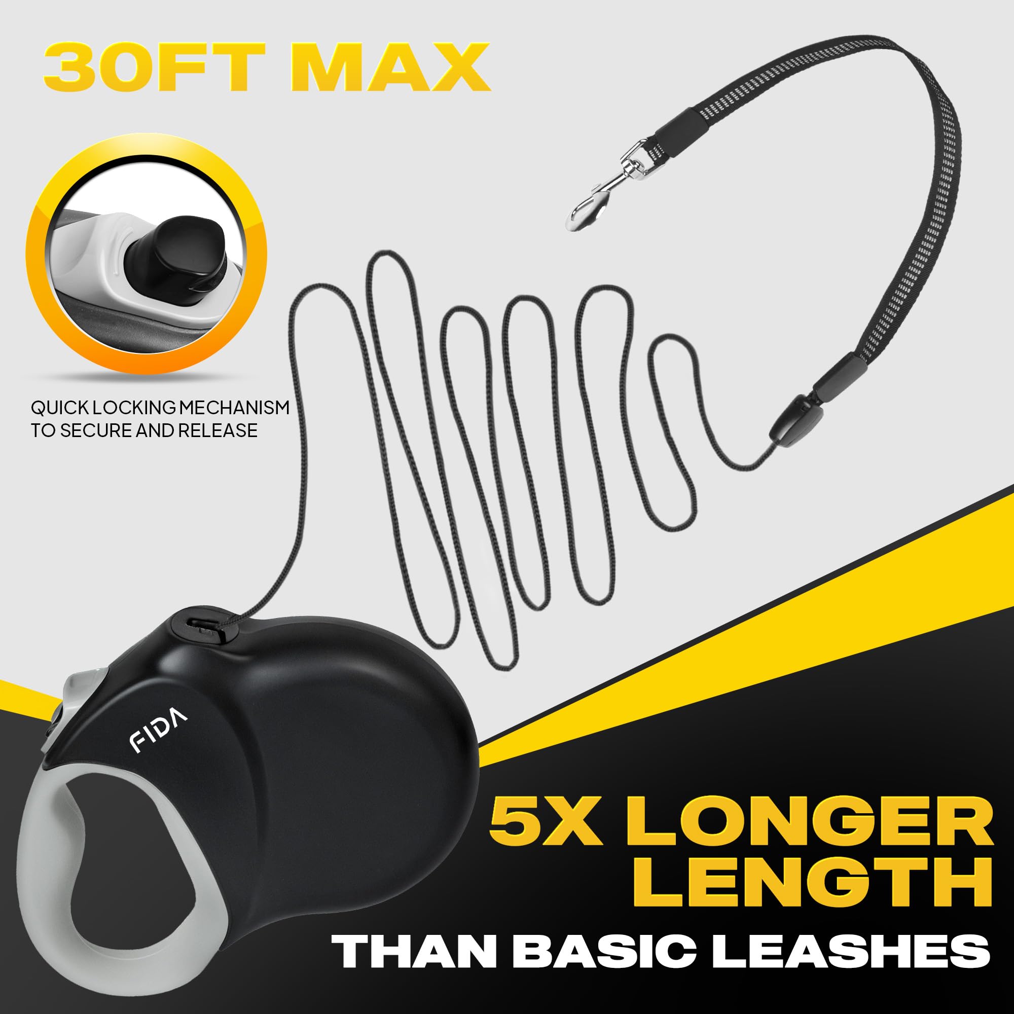 Fida Upgraded Retractable Dog Leash 30Ft, Heavy Duty Pet Walking Leash For Medium/Large Breed Up To 110 Lbs, 360 Tangle-Free Lon