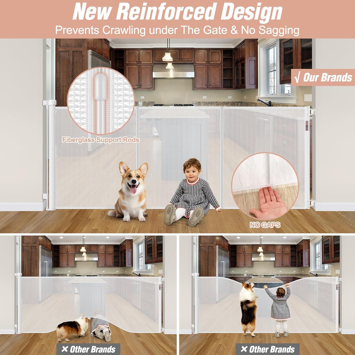 Stcockis Retractable Baby Gate - 42" Tall x 75" Wide, White, Extra Tall with Support Rods, Indoor/Outdoor Dog Gate