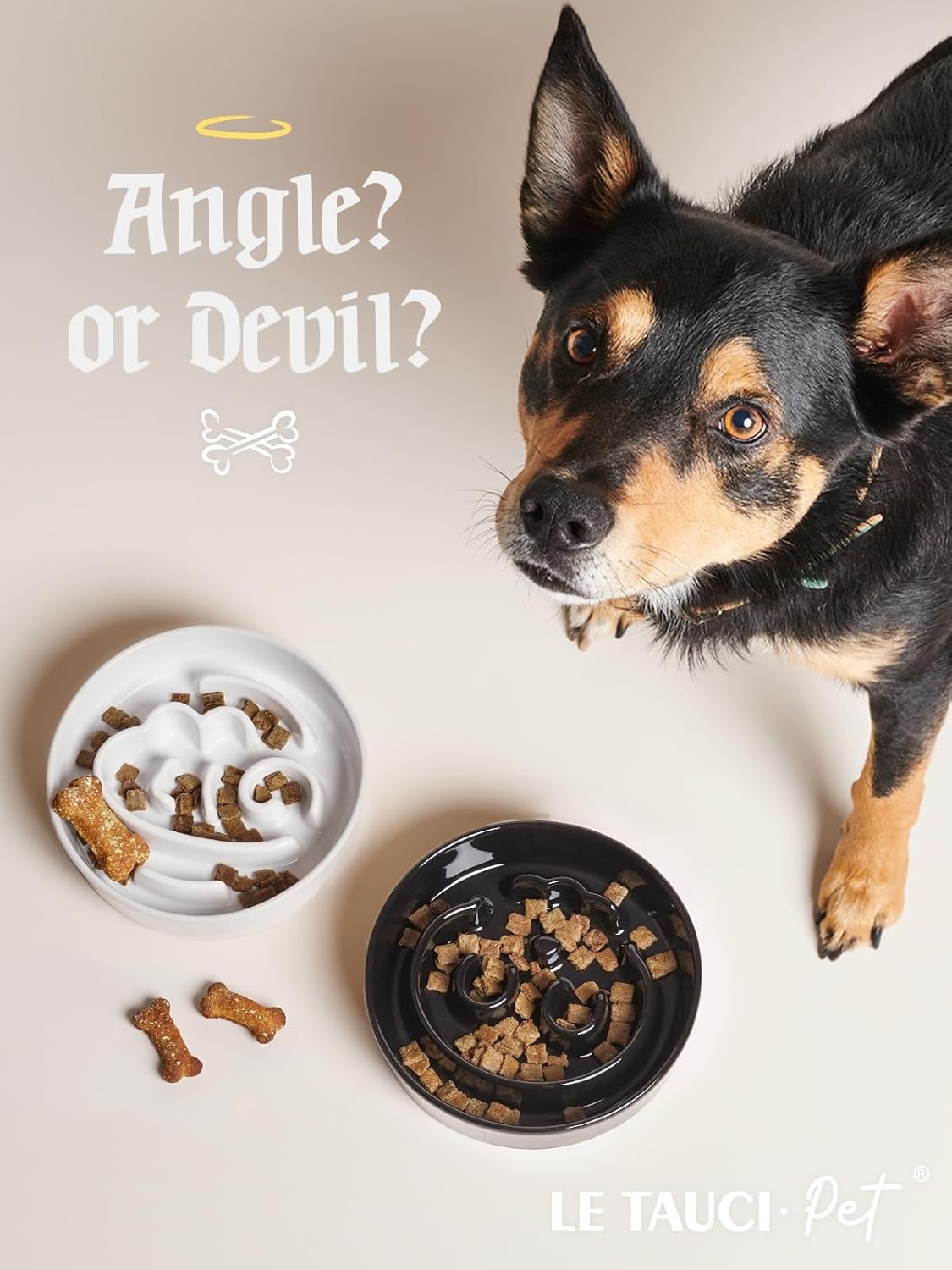 Le Tauci Ceramic Slow Feeder Dog Bowls Elevated, 0.6 Cups Raised Dog Bowl With Wooden Stand For Small Breed, Dog Dishes To Slow