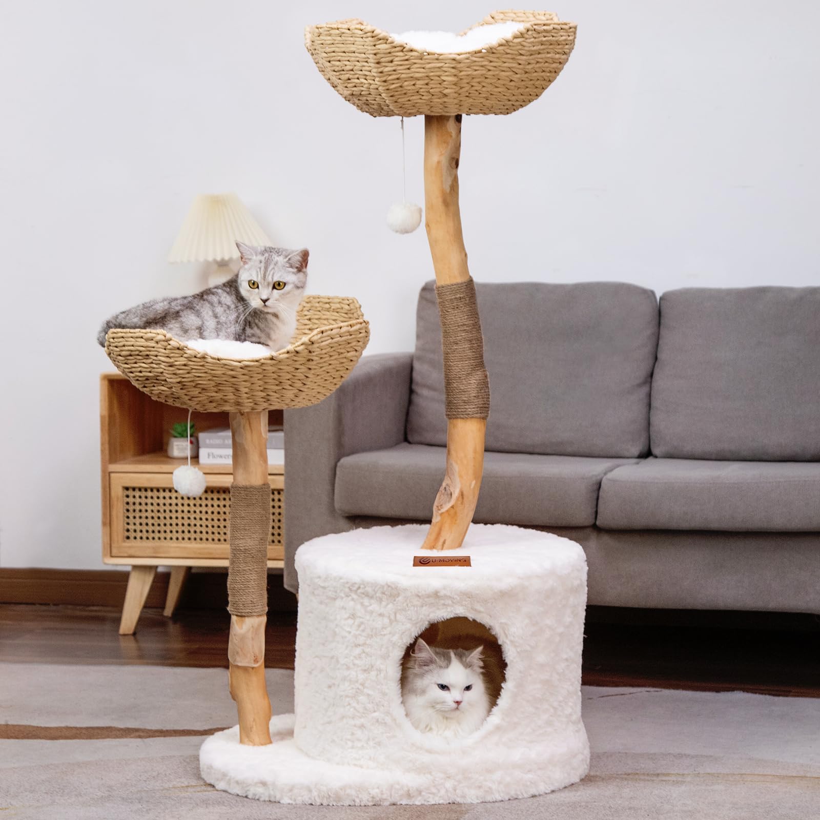 U-Moving 46 Natural Wood Cat Tree For Large Cats - Modern Feline Tower With Scratching Posts, Real Branch Design & Luxury Gift