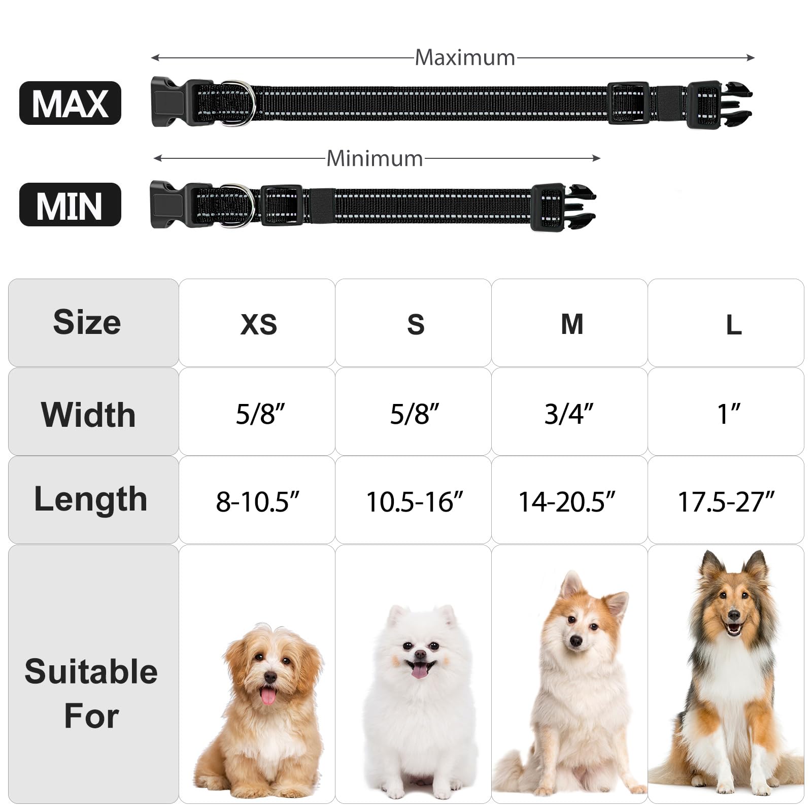 Penseepet Reflective Dog Collar Padded With Soft Neoprene Breathable Quick Release Basic Dog Collars For Large Dogs Black Boy Girl