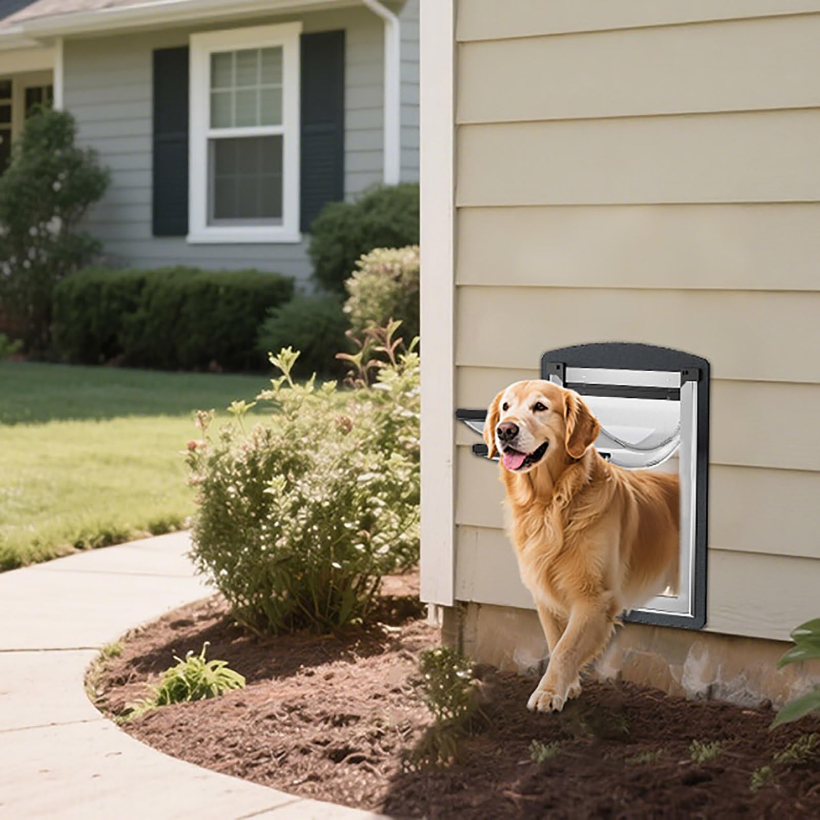 FreeStanding Large Dog Door for Wall, Steel Frame, Telescoping Tunnel, Smoky Gray, Model FRLS100-2S-2S, Easy Install, Up to 100LBS