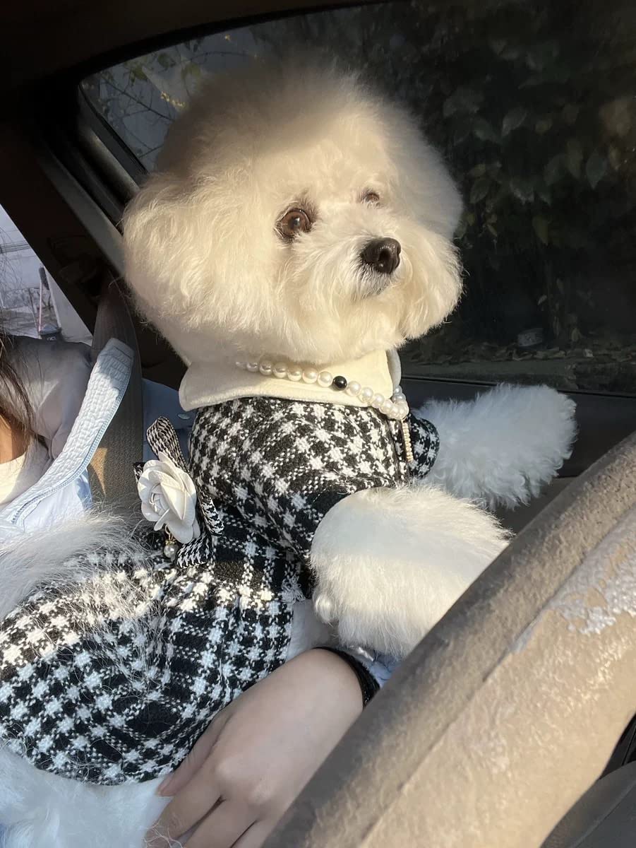 Qwinee 3Pcs Dog Dress & Flower Bow & Necklace Set Geometric Princess Dress With Flower Bow Deco Puppy Skirt With Pearls Jewelry
