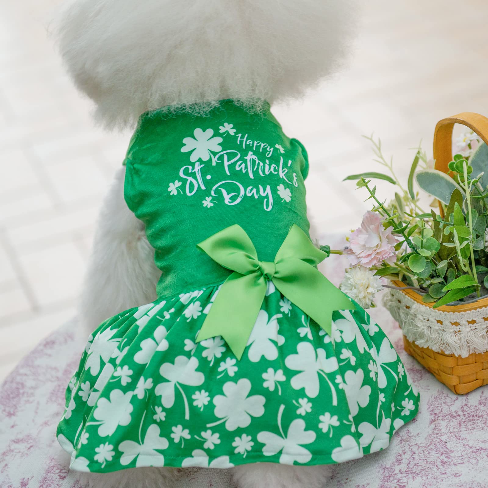 Cutebone St.Patrick'S Day Dog Green Dress Velvet For Small Dogs Girl Puppy Dresses Clover Dog Clothes Cva14L-D
