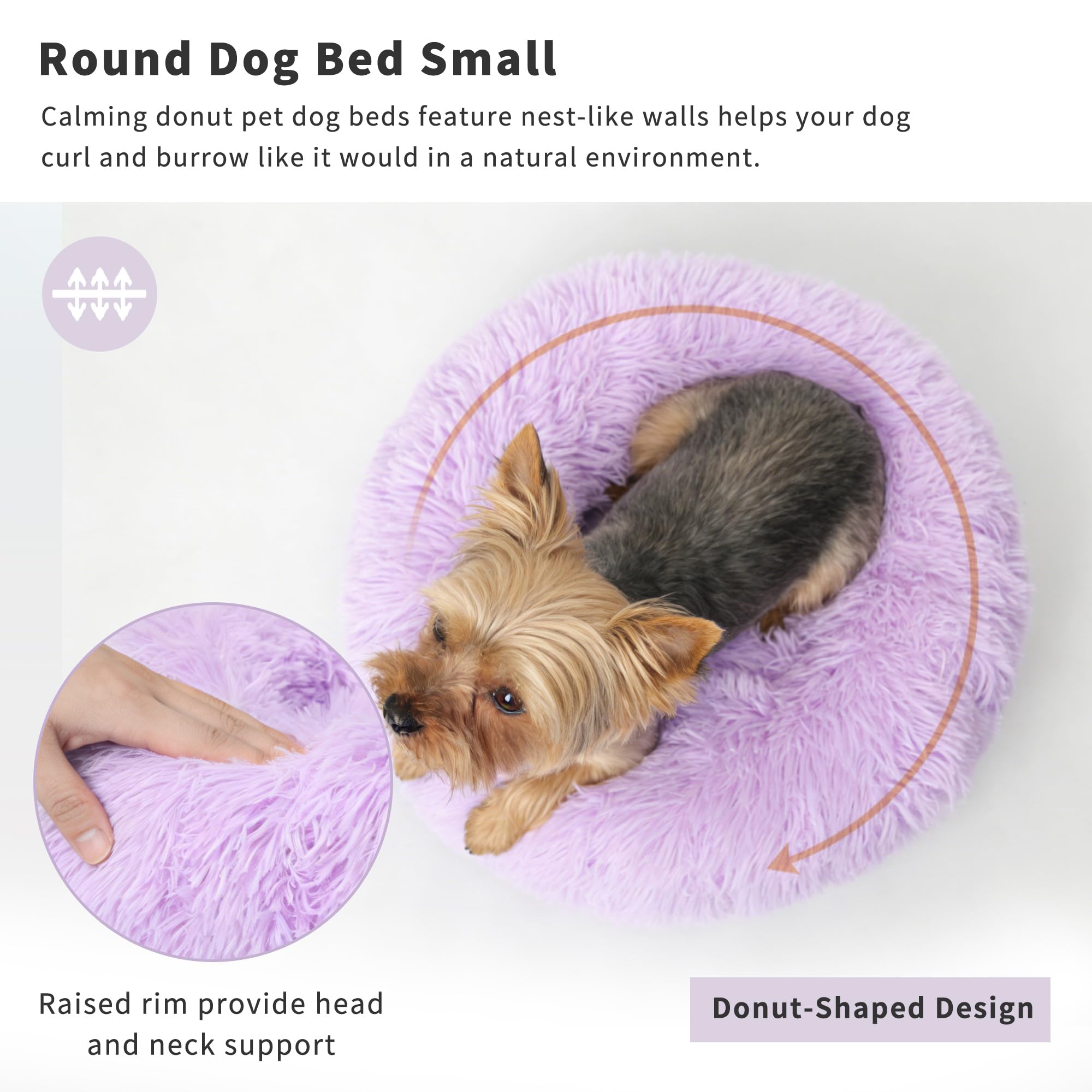Fluffy Purple Dog Bed Extra Small Washable,Calming Dog Bed Princess for Small Dogs 15 inches Donut Soft Small Pet Bed,Anti Anxie