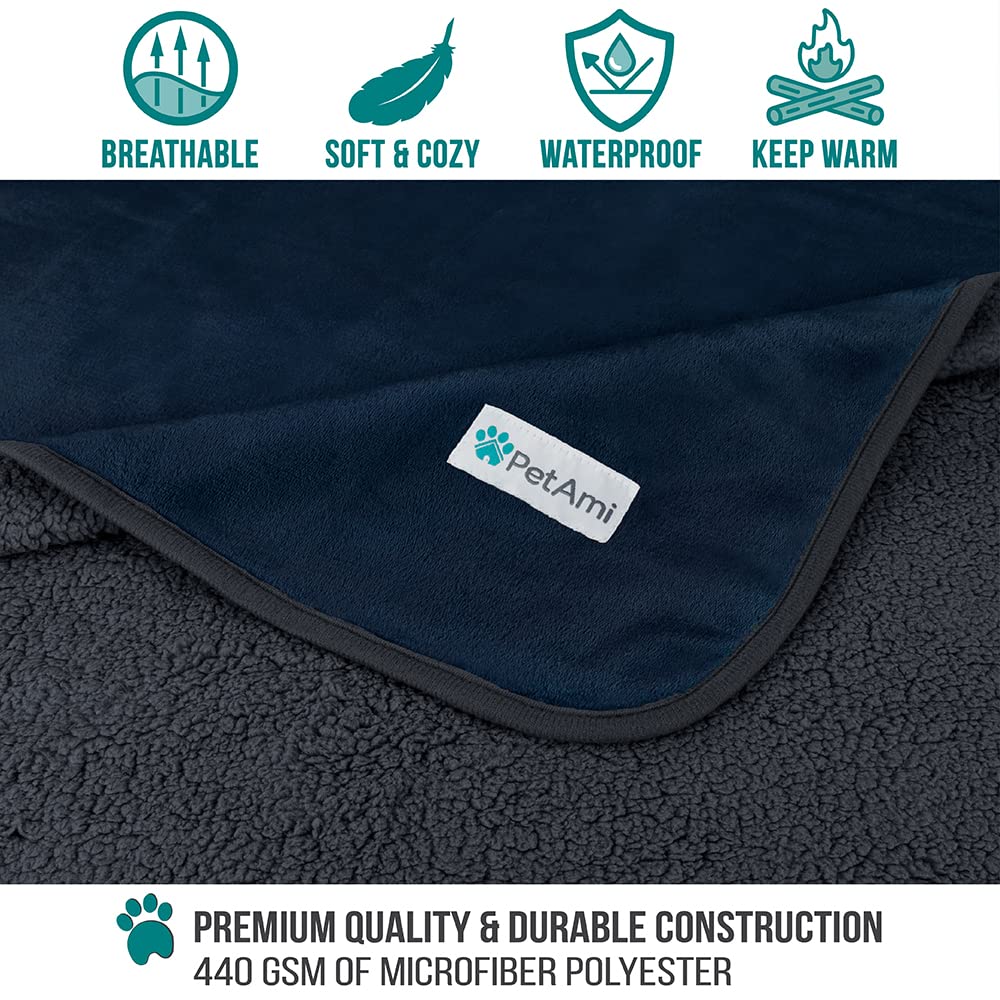 Petami Waterproof Dog Blanket For Large Giant Dogs, Pee Proof Pet Blanket Sherpa Fleece Crate Cover, Reversible Cat Throw Bed Kennel Protector, Soft Plush Washable Pad (Queen 90X90, Blue/Gray)