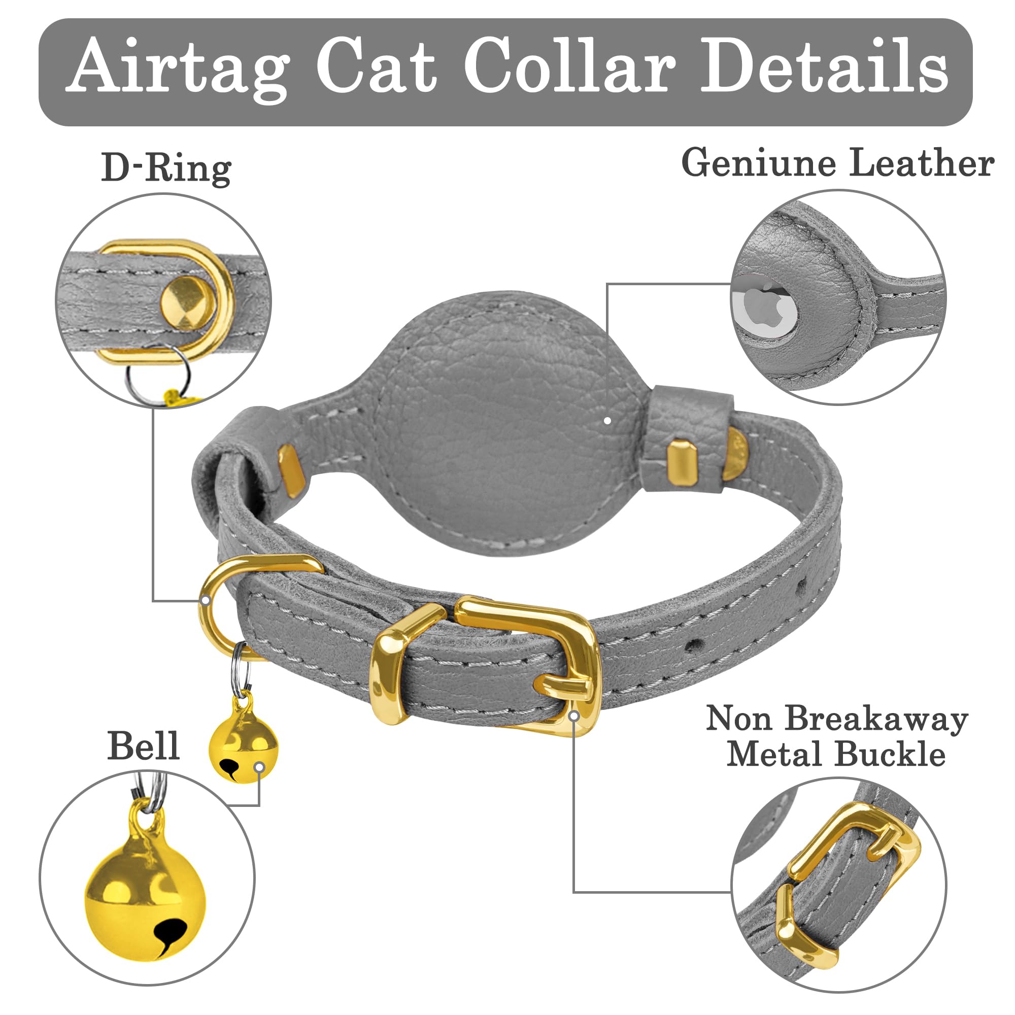 Oopsdoggy Leather Airtag Cat Collar With Bell - Non Breakaway Kitten Collar With Apple Air Tag Holder - Lightweight Gps Pet Coll