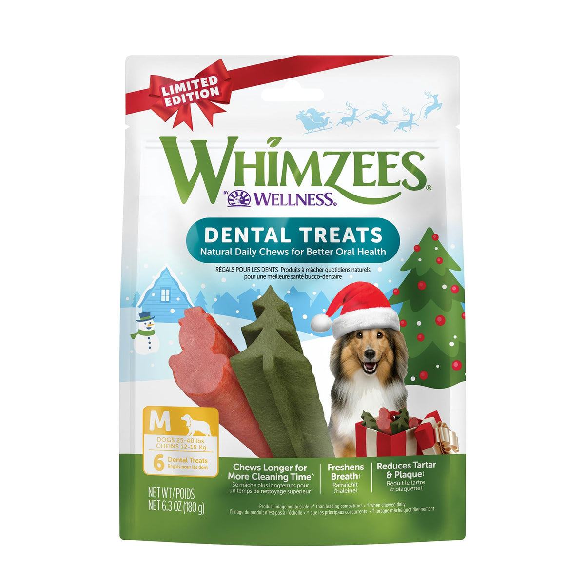 Whimzees Wellness Holiday Dog Dental Treats, Natural Chews, For Dogs, Size Medium Stick, (6 Count)