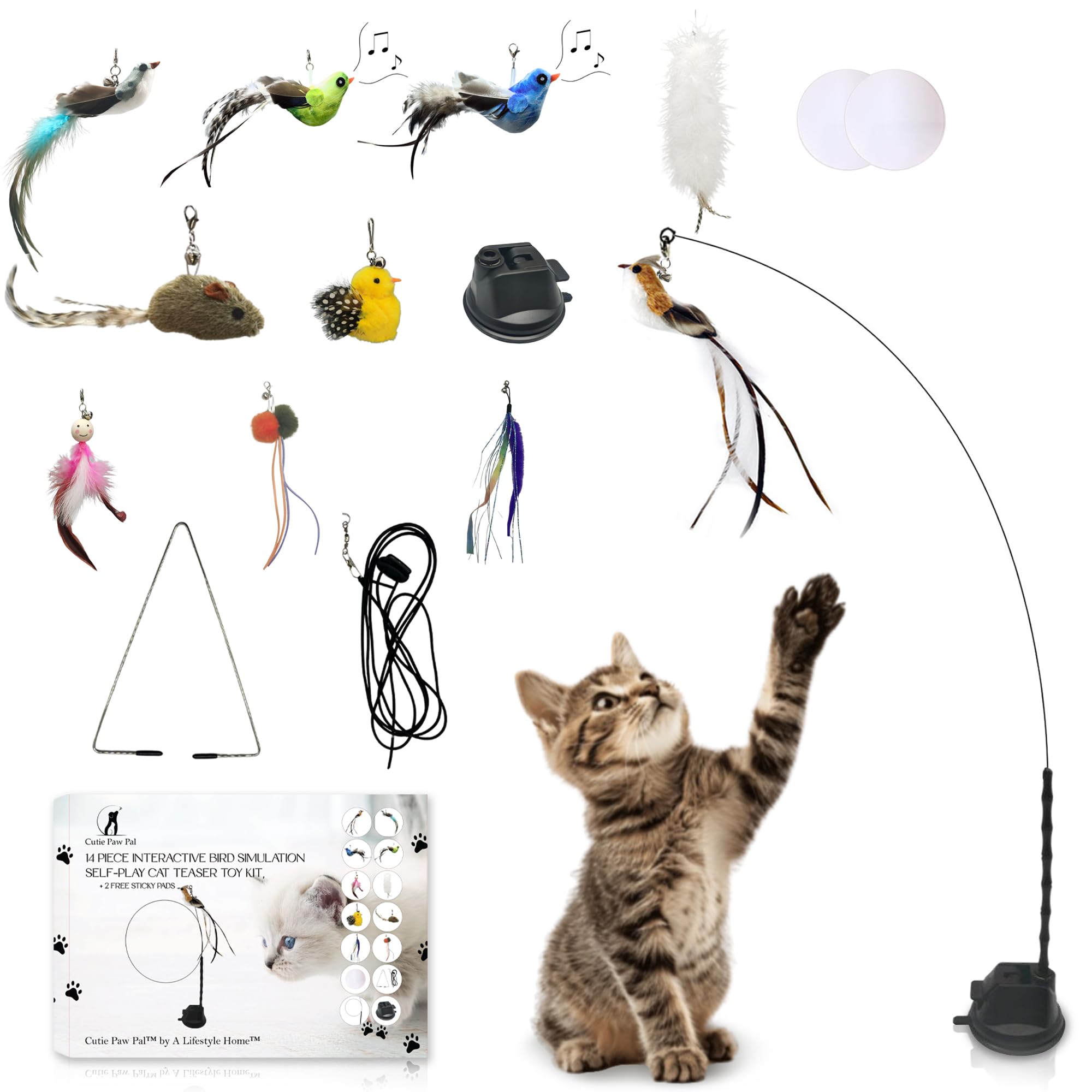 Cutie Paw Pal Interactive Bird Simulation Cat Feather Toy Set - Suction Cup Cat Toys For Indoor Cats, Natural Feathers, Bells & 