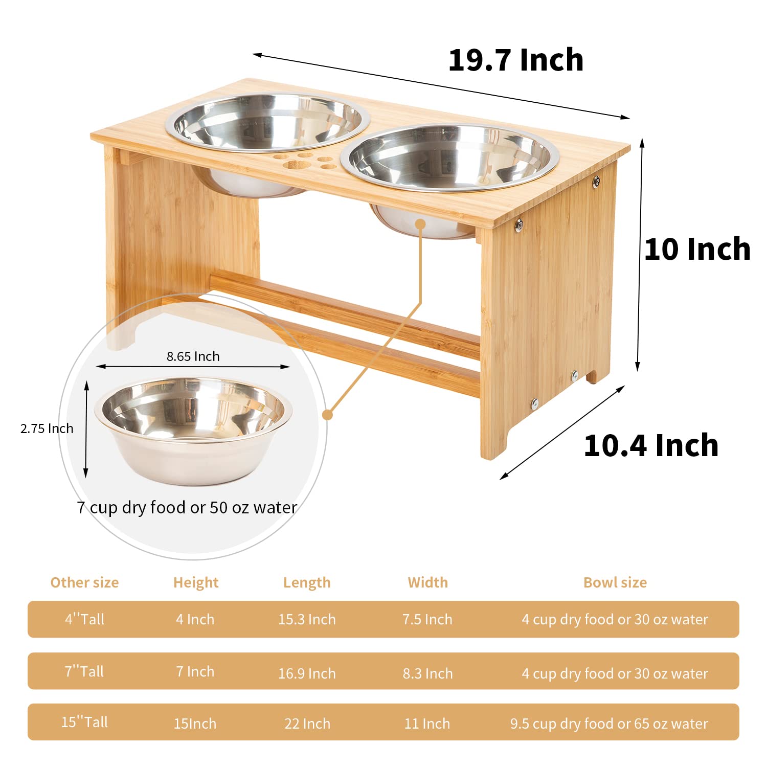FOREYY Raised Pet Bowls for Cats and Small Dogs, Bamboo Elevated Dog Cat Food and Water Bowls Stand Feeder with 2 Stainless Stee