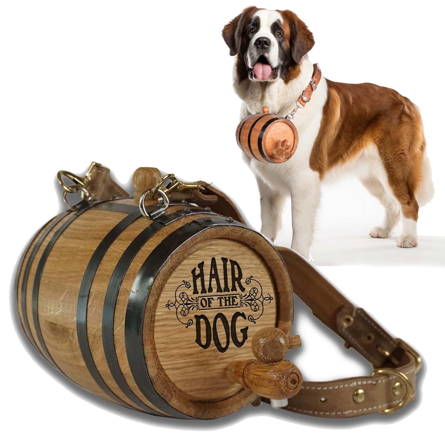 St Bernard Whiskey Barrel Collar For Dog, 'Hair Of The Dog' - 1/2 Liter Oak Aging Barrel Dispenser For Saint Bernard Dogs With Adjustable, Real Leather Harness Strap