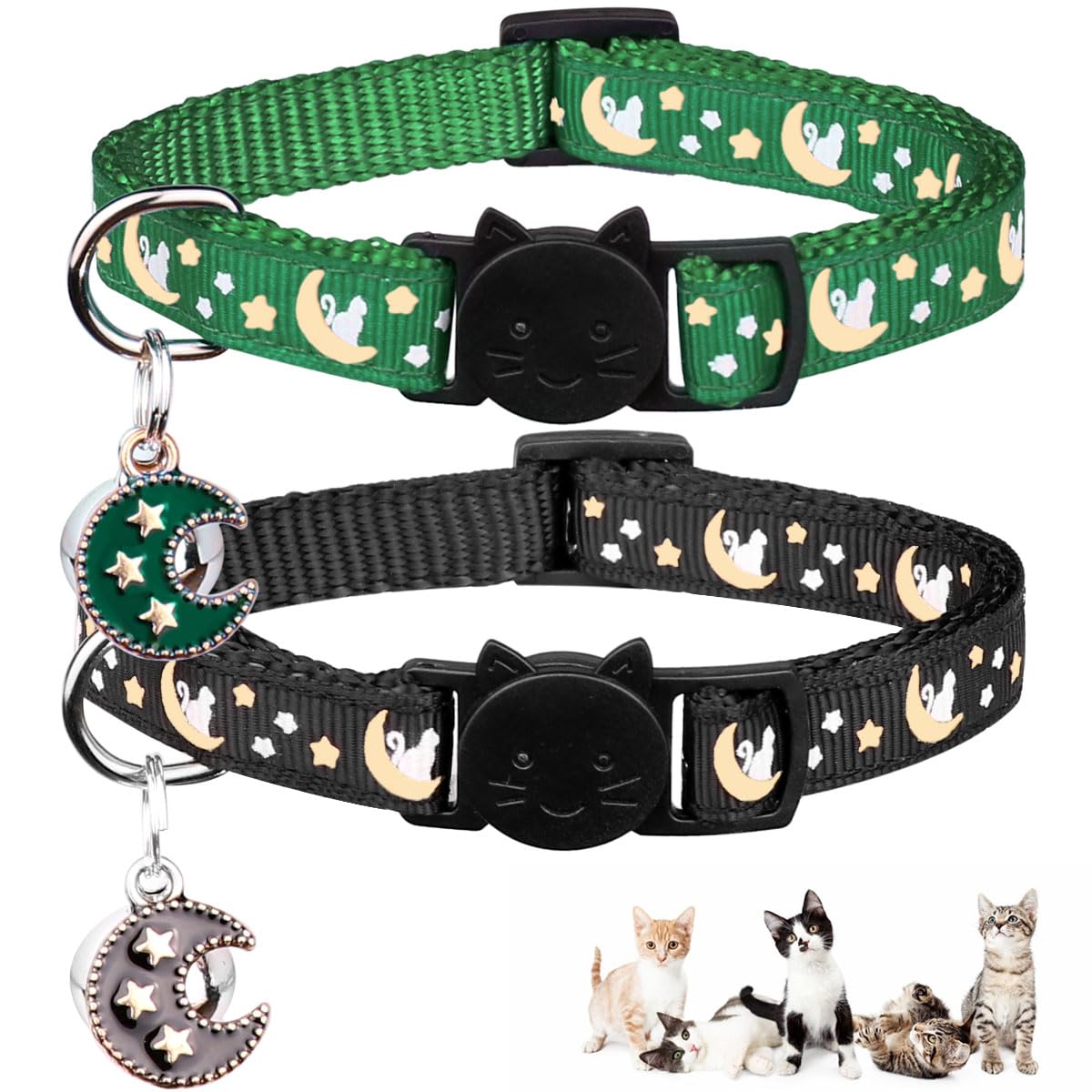 2Pcs Breakaway Cats Collars Cat Collars For Boy & Girl Cats Adjustable Kitten Collars With Bell,Black+Emerald,8'-13.1'