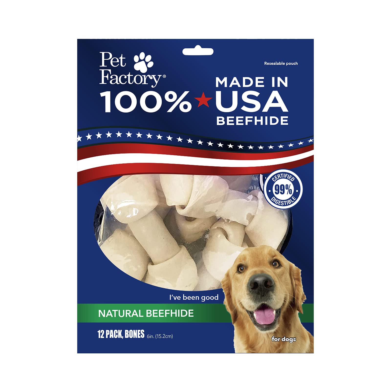 Pet Factory 100% Made in USA Beefhide 6 Knotted Bones Dog Chew Treats - Natural Flavor, 12 Count/1 Pack
