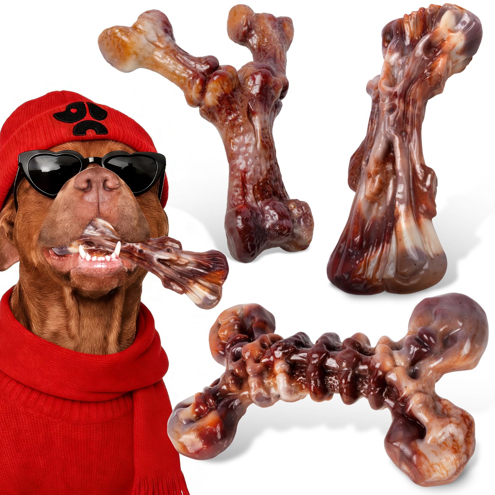 Kseroo Dog Toys for Aggressive Chewers - 3 Pack Bacon Flavored Indestructible Dog Toy, Big Tough Chew Bone for Medium Large Bree