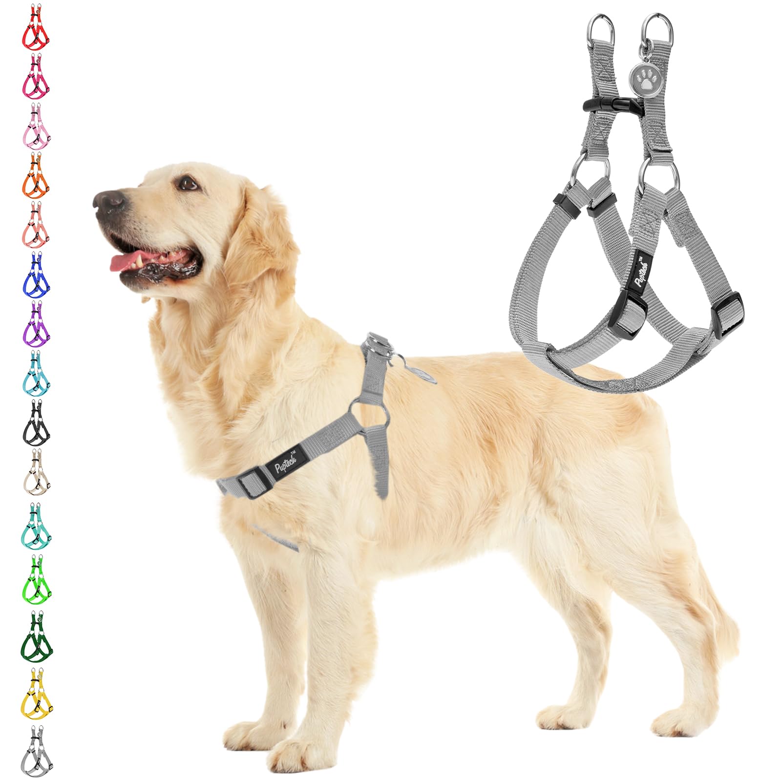 Pupteck No Pull Dog Harness Soft Adjustable Basic Nylon Step In Puppy Vest Outdoor Walking With Id Tag, Grey, M