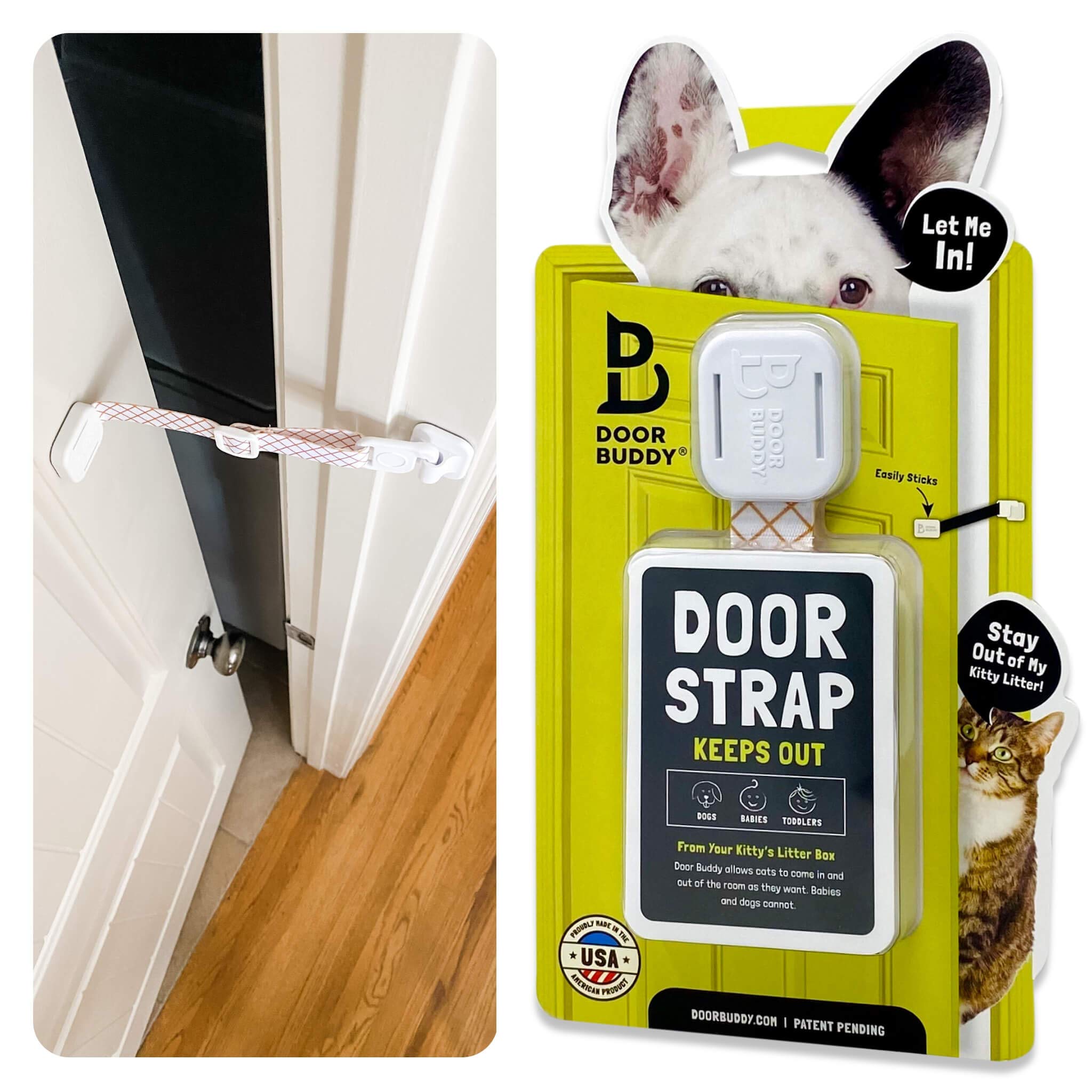 Door Buddy Cat Door Strap for Pets - Caramel. Adjustable Dog Proof Door Latch. Keep Dog Out of Litter Box & Cat Feeder Without I