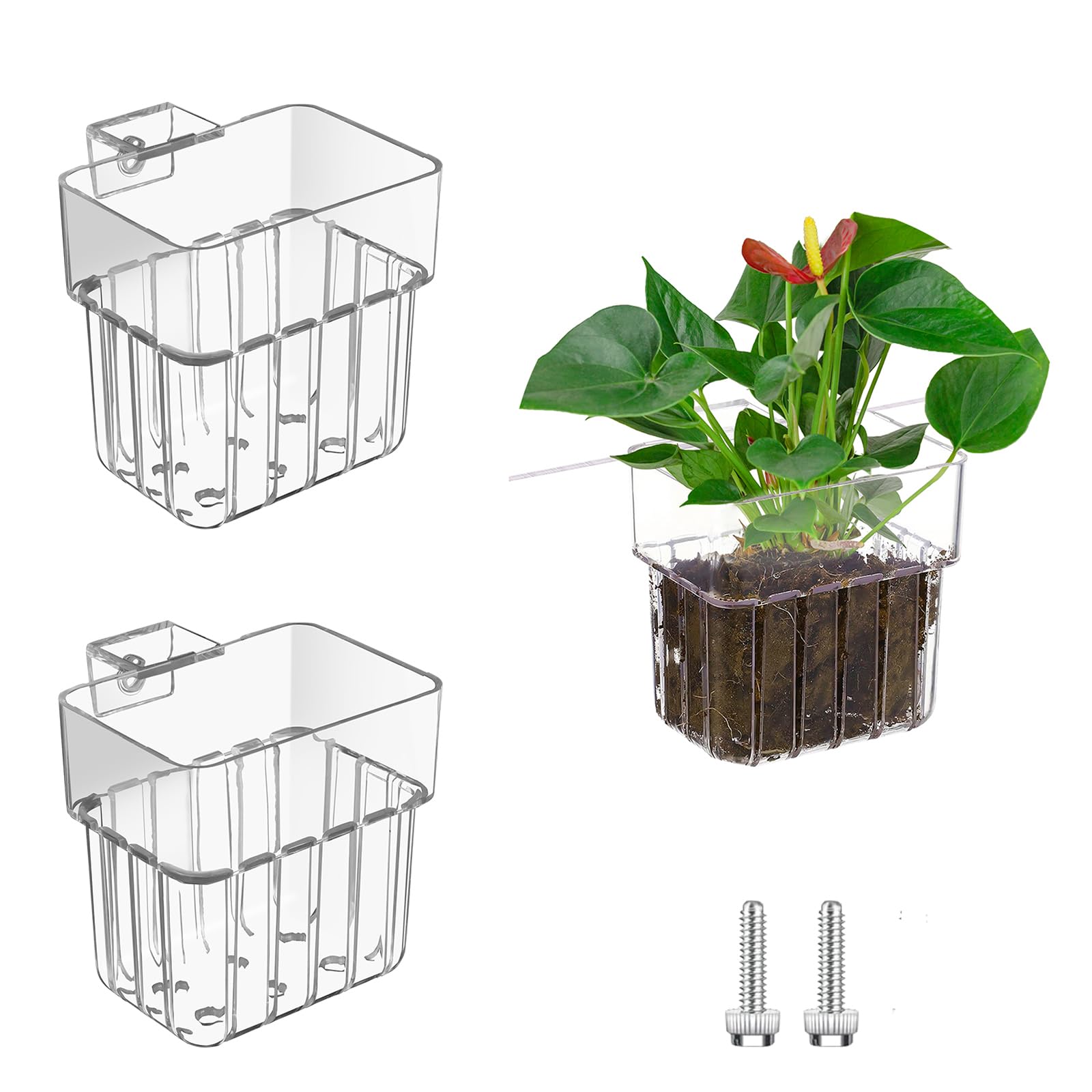 Uprony 2PCS Aquarium Plant Holder with Hooks Top Clear Acrylic Fish Tank Plant Holder Cup Pots for Fish Tank Aquaponic Plant and