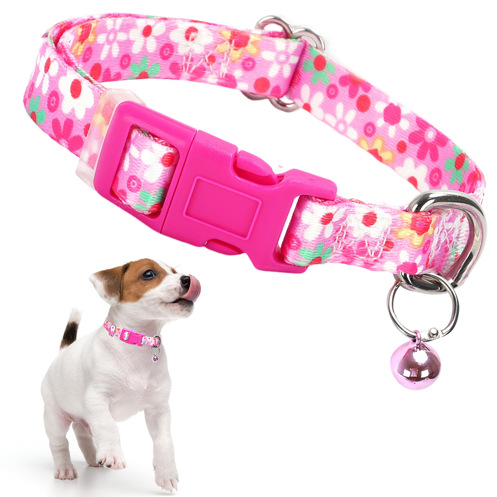 Pink Flower Puppy Collar With Bell, Pretty Cute Floral Girl Dog Collar Tiny Kitten Collars With Bells For Xs Small Pet Female Do