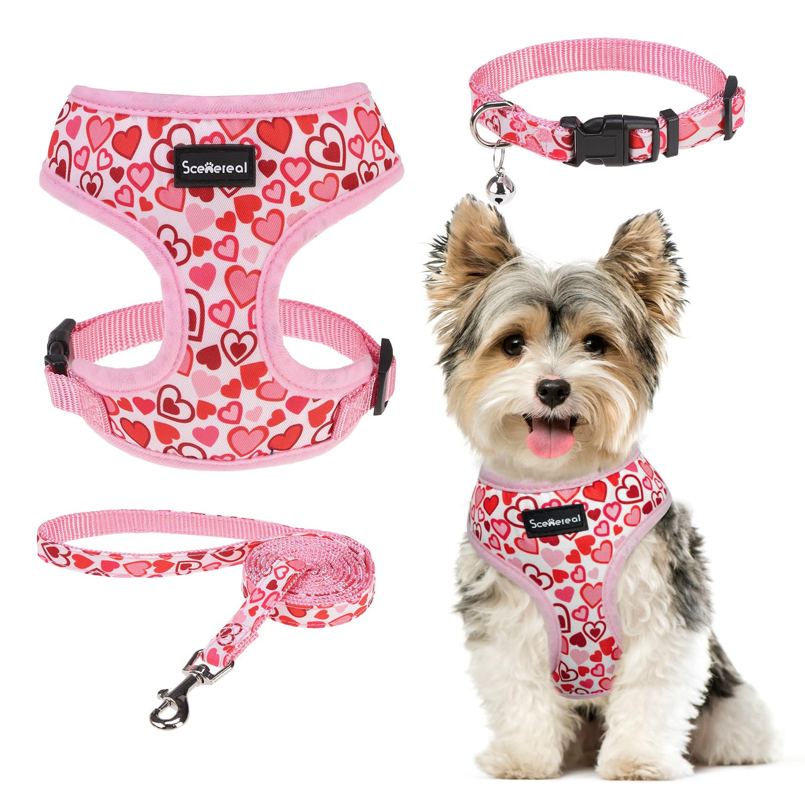 SCENEREAL Valentines Dog Harness Collar and Leash Set for Small Dogs, Soft Mesh Harnesses,Pet Vest for Outdoor Walking Training 