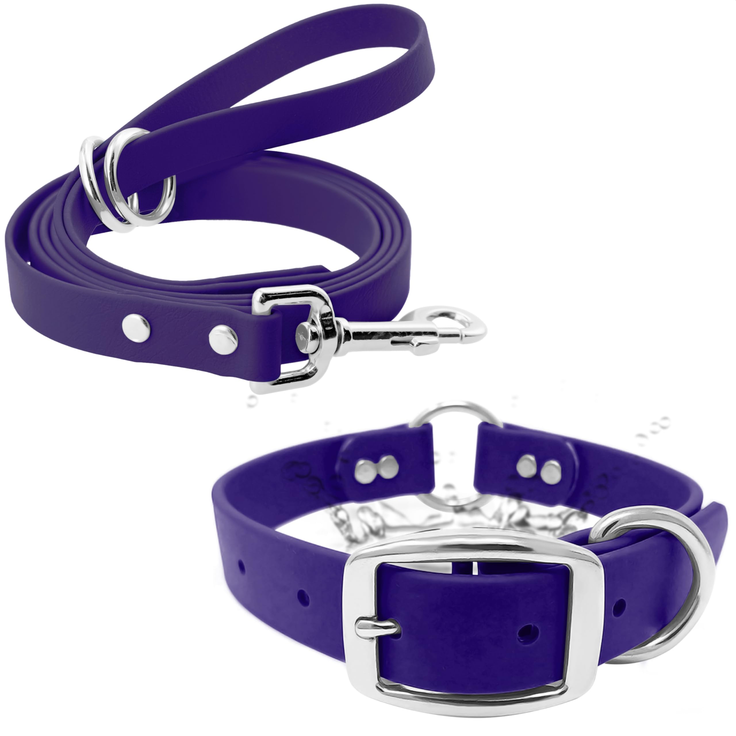 Regal Dog Products Large Purple Waterproof Dog Collar And Leash Set - Vinyl Coated Biothane Pet Training Collar With Heavy Duty 