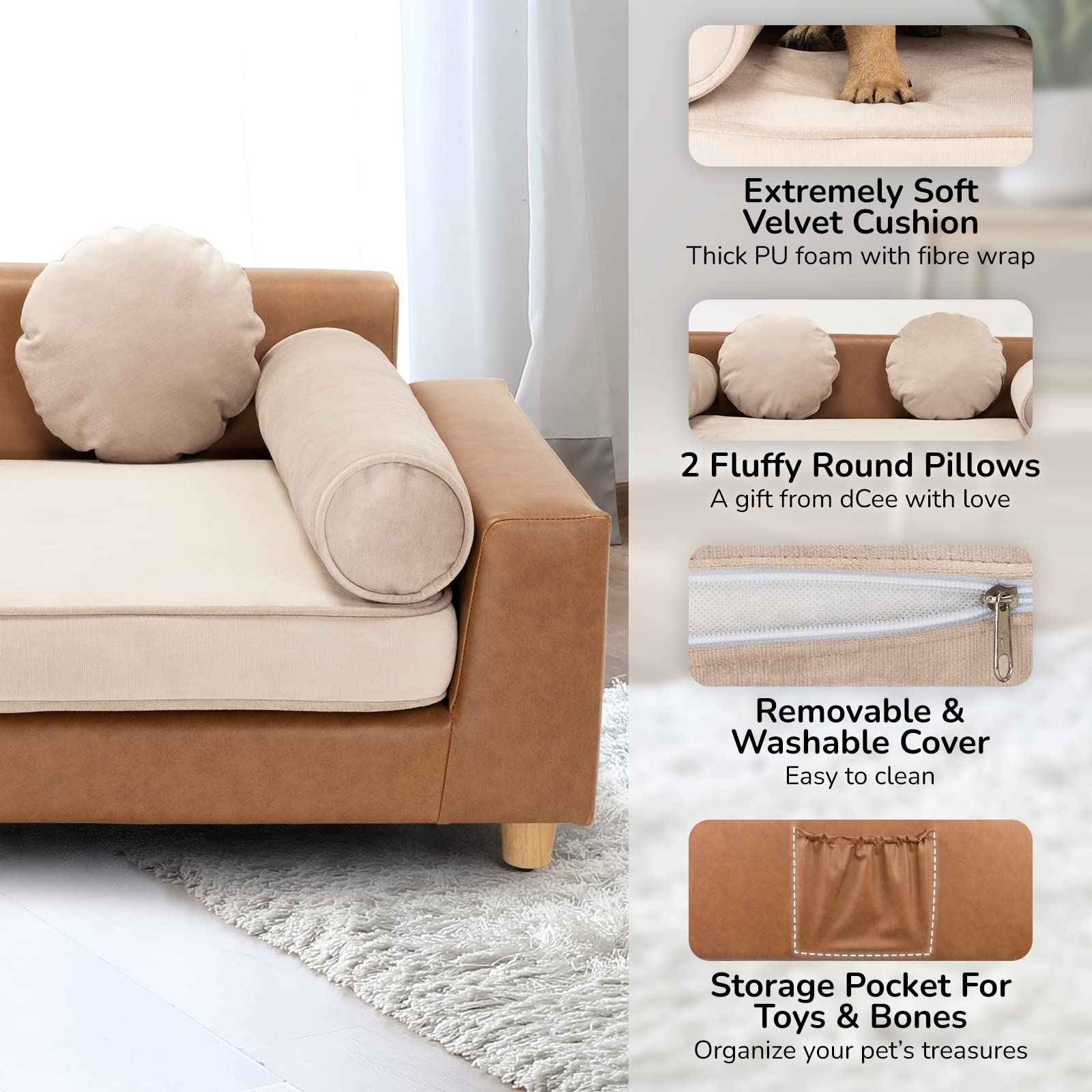 Dcee Luxury Dog Sofa Bed, Luxury 42'' Leather Pet Couch For Large Dogs, Washable Velvet Cushion, Sturdy Wooden Frame, Anti-Slip