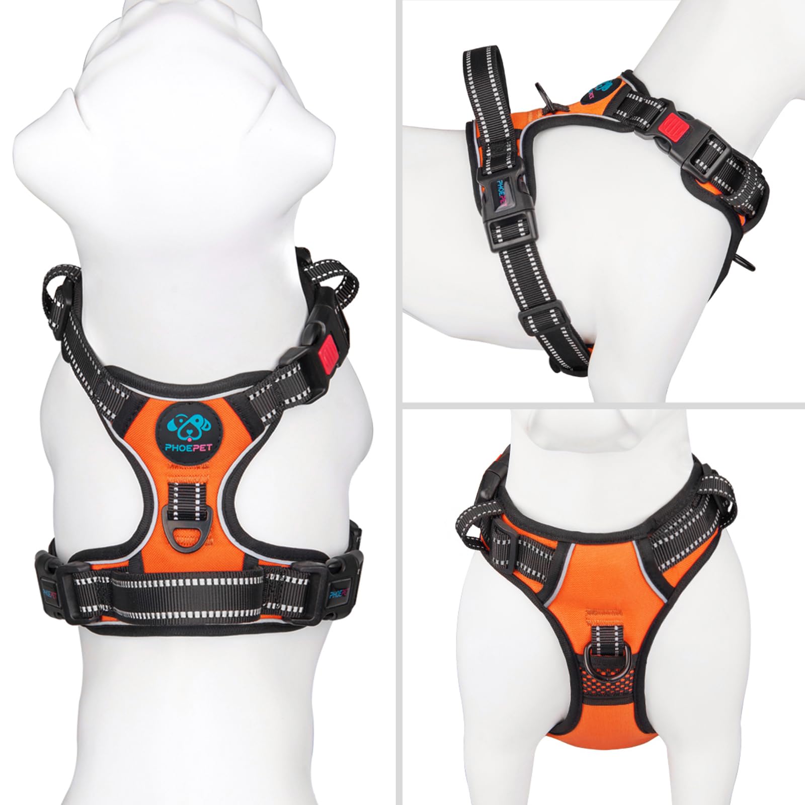 Phoepet No Pull Dog Harness Medium Reflective Front Clip Vest With Handle,Adjustable 2 Metal Rings 3 Buckles,[Easy To Put On & Take Off](M, Orange)