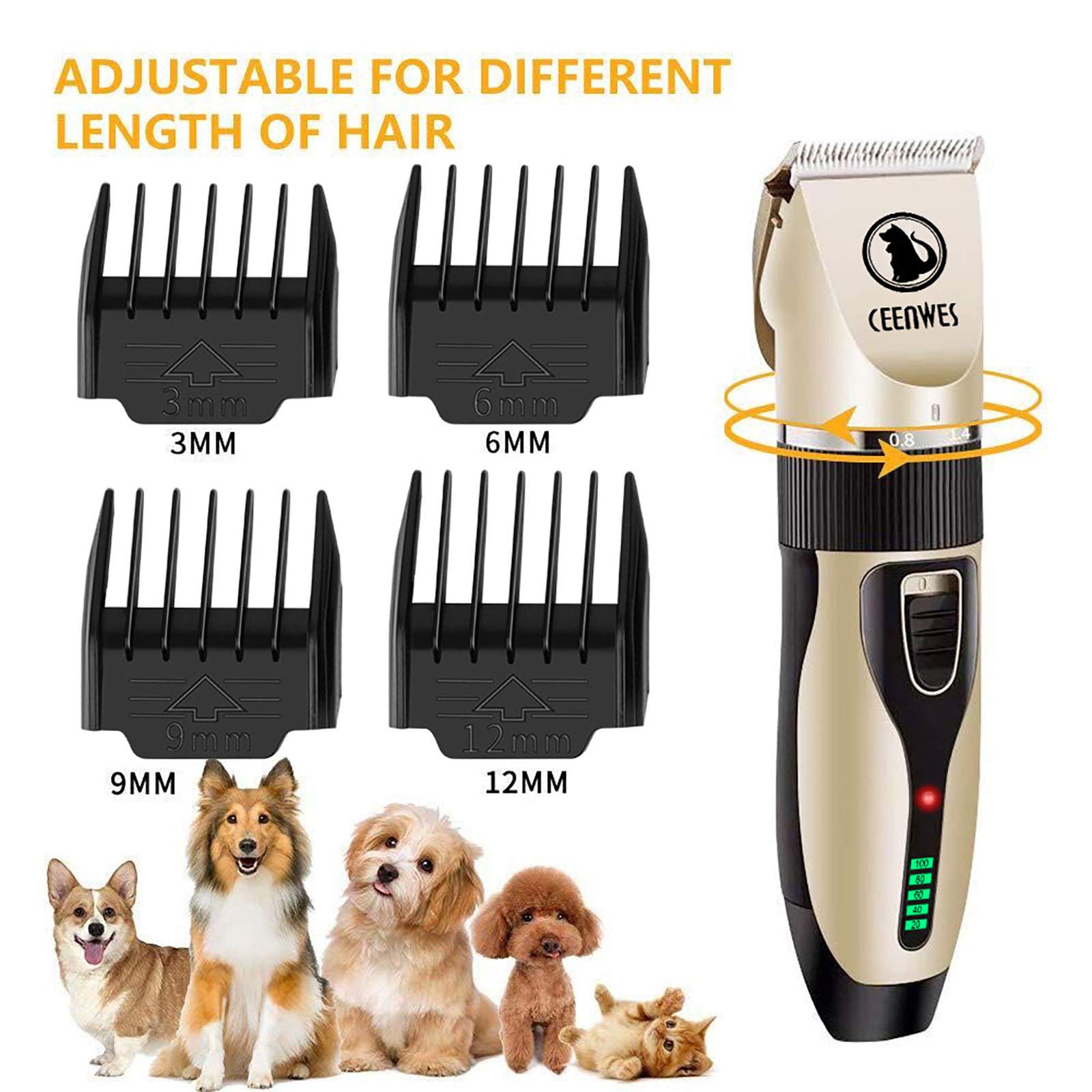 Power Display Dog Clippers Cordless Dog Grooming Kit Professional Horse Clippers Detachable Blade With 4 Comb Guides, Low Noise Pet Clippers Rechargeable Pet Grooming Tools For Dogs Cats Pets