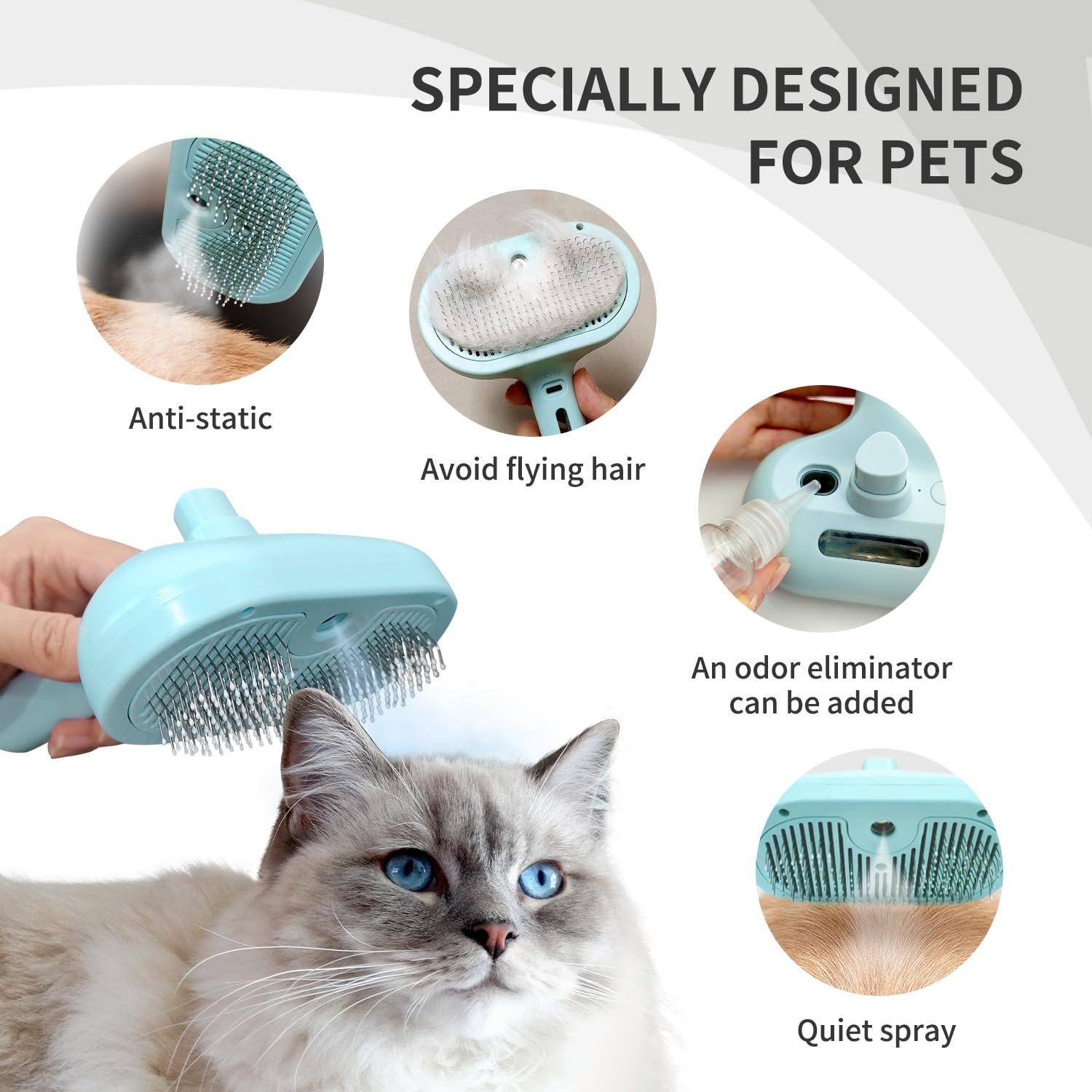 Pecait 3-In-1 Self-Cleaning Pet Brush For Shedding - Removes Static And Loose Hair From Dogs And Cats (Blue)
