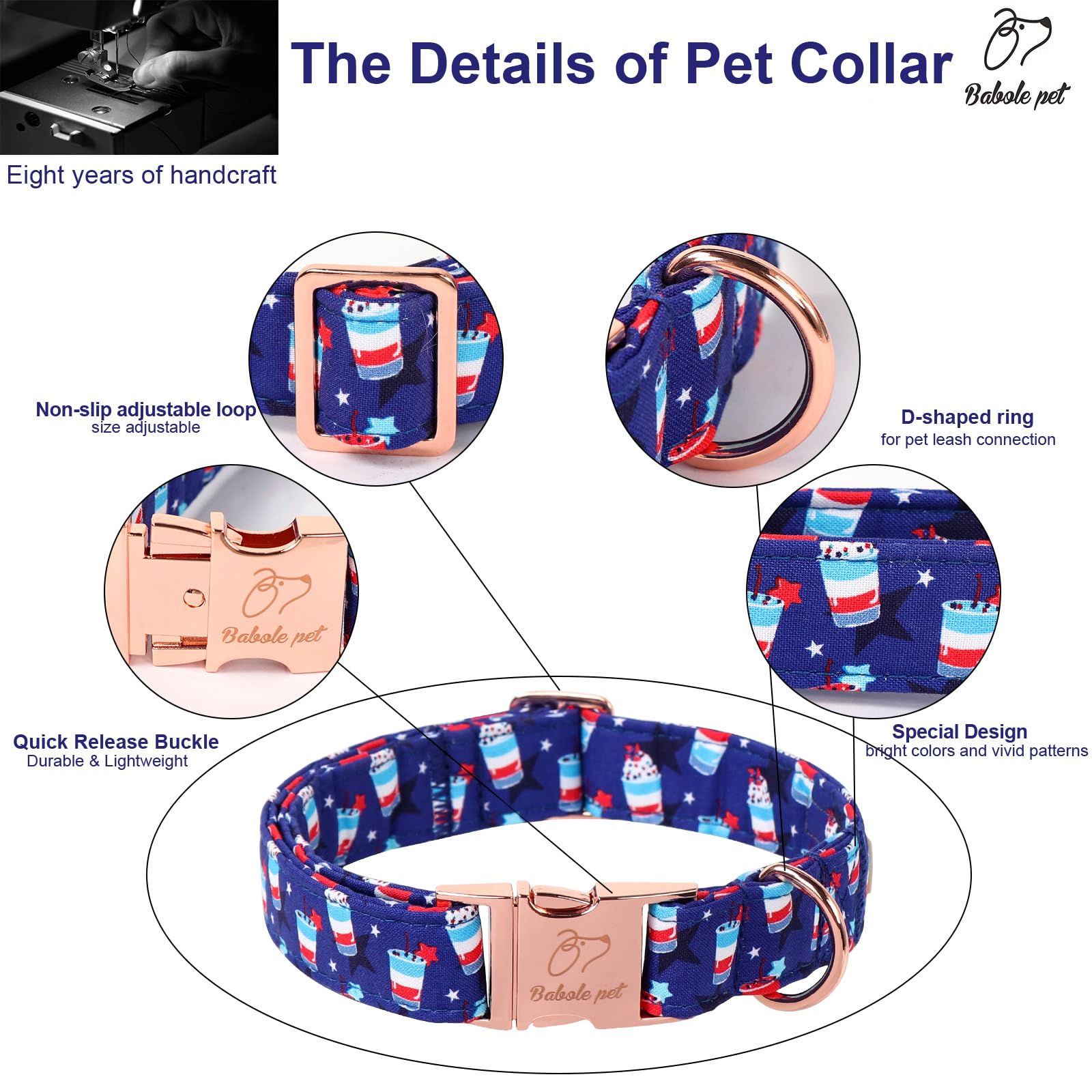 Babole Pet 4Th Of July Dog Collar, Blue Flag Sundae Patriotic Pet Collar With Metal Buckel, Adjustable Summer Holiday Dog Collar