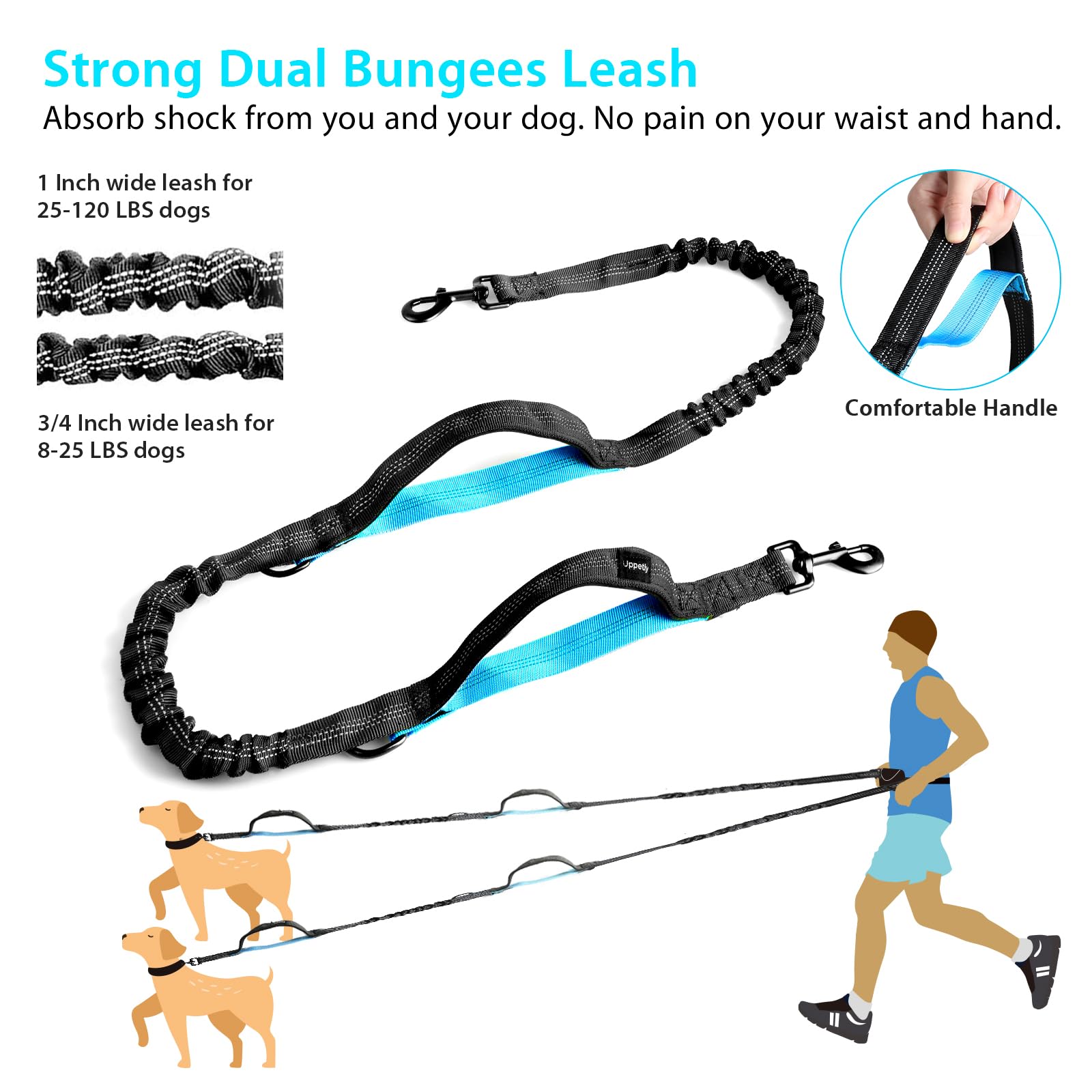 Uppetly Hands Free Dog Running Leash, Adjustable Waist Belt, Elastic Bungee, Large (25-120lb), Black and Blue, Model UP-HB-2L