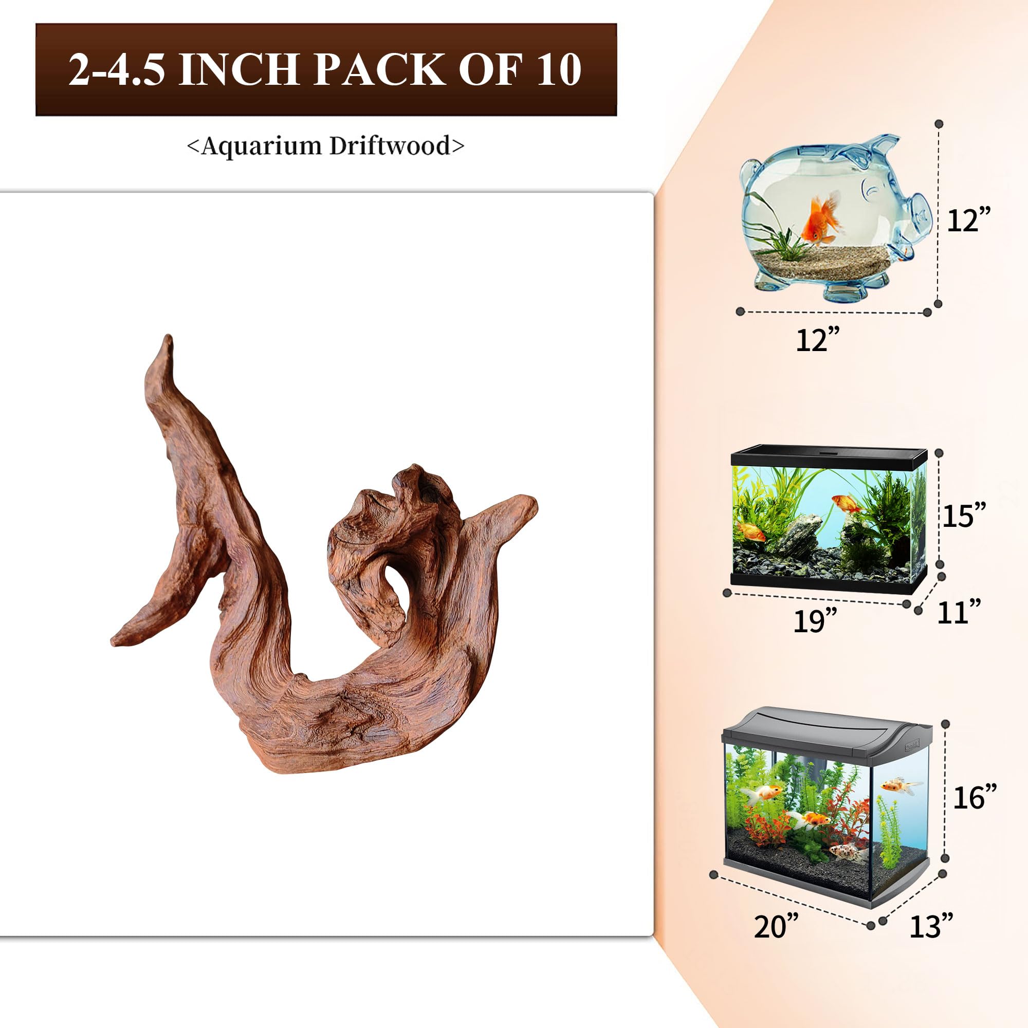 majoywoo Natural Small Driftwood for Aquarium Decor Reptile Decor, Assorted Driftwood Branch 2-4.5 10 Pcs, Fish Tank Decorations