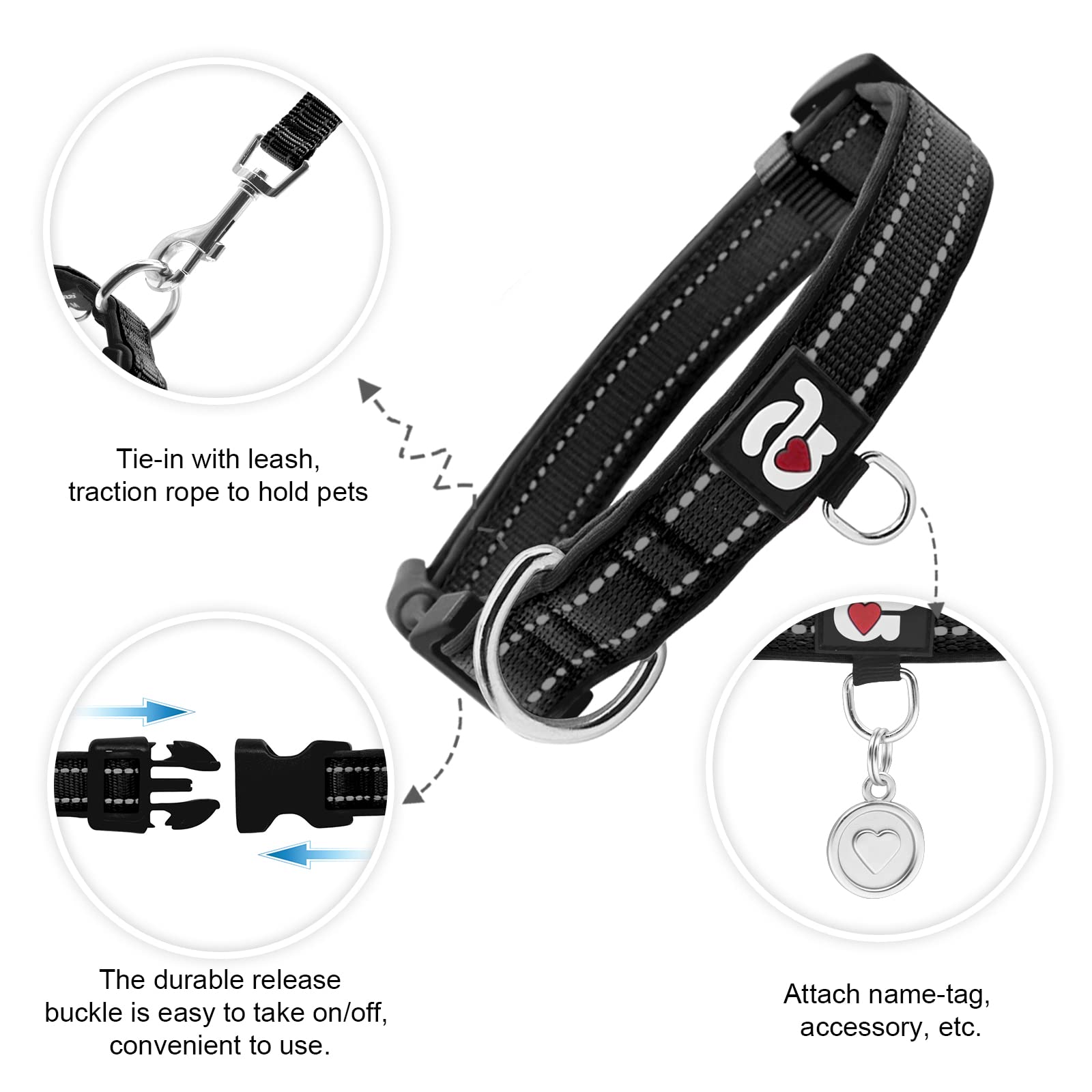 Azuza Reflective Dog Collar,Soft Neoprene Padded Pet Collar With Id Tag Ring,Adjustable For Puppy And Small Dogs,Black,Xs