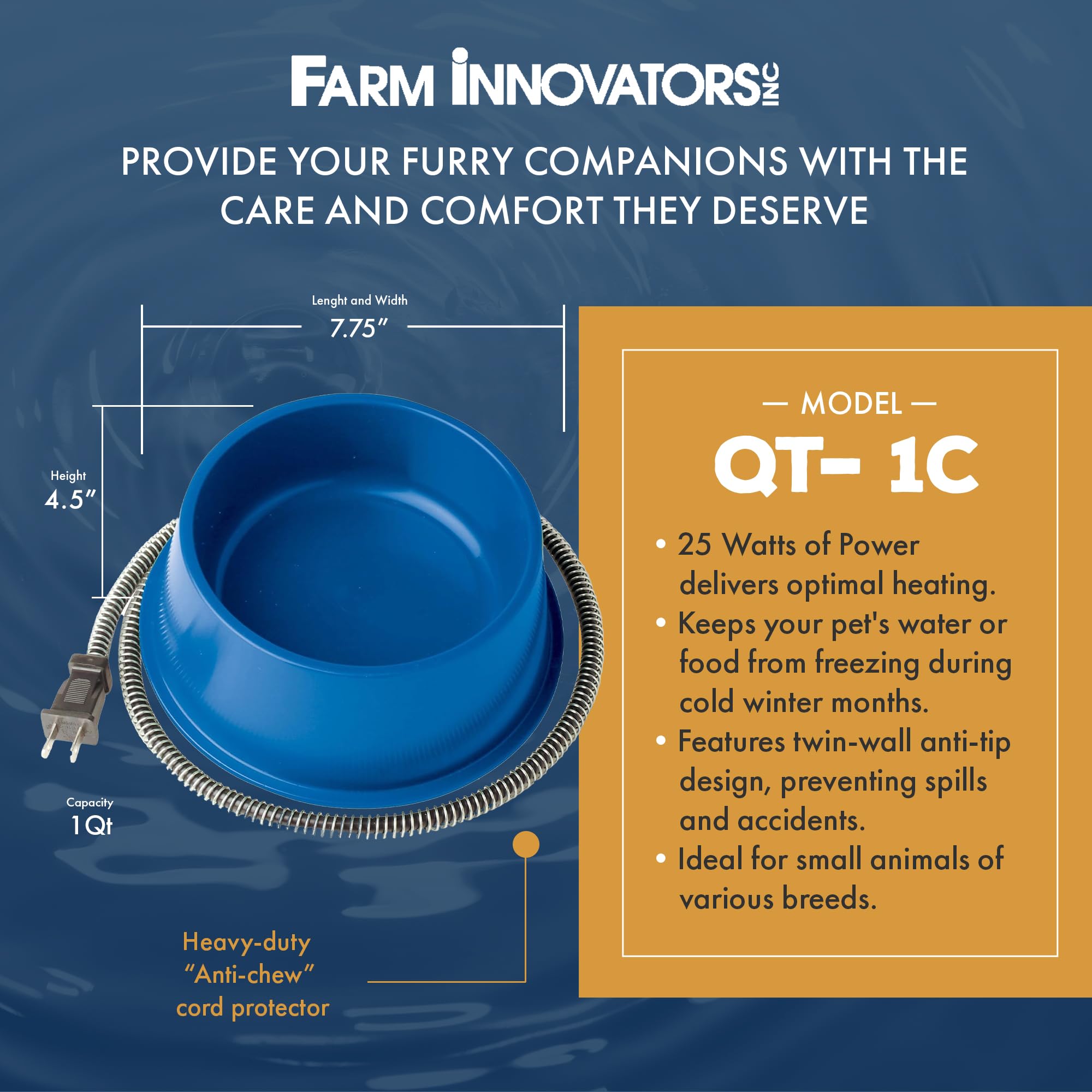Farm Innovators 1 Quart Plastic Heated Pet Bowl With Anti Chew Cord And 25 Watts Of Power For Rabbits, Dogs, Cats, And All Breed