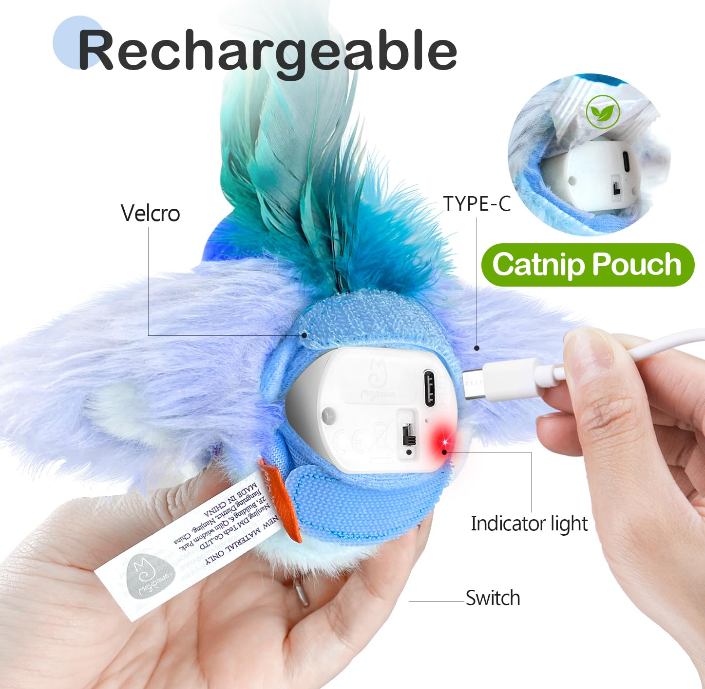 Migipaws Cat Toys,Interactive Lifelike Robin Flapping Bird With Catnip, Feathers Hanging By Elastic String, Automatic Chirping K