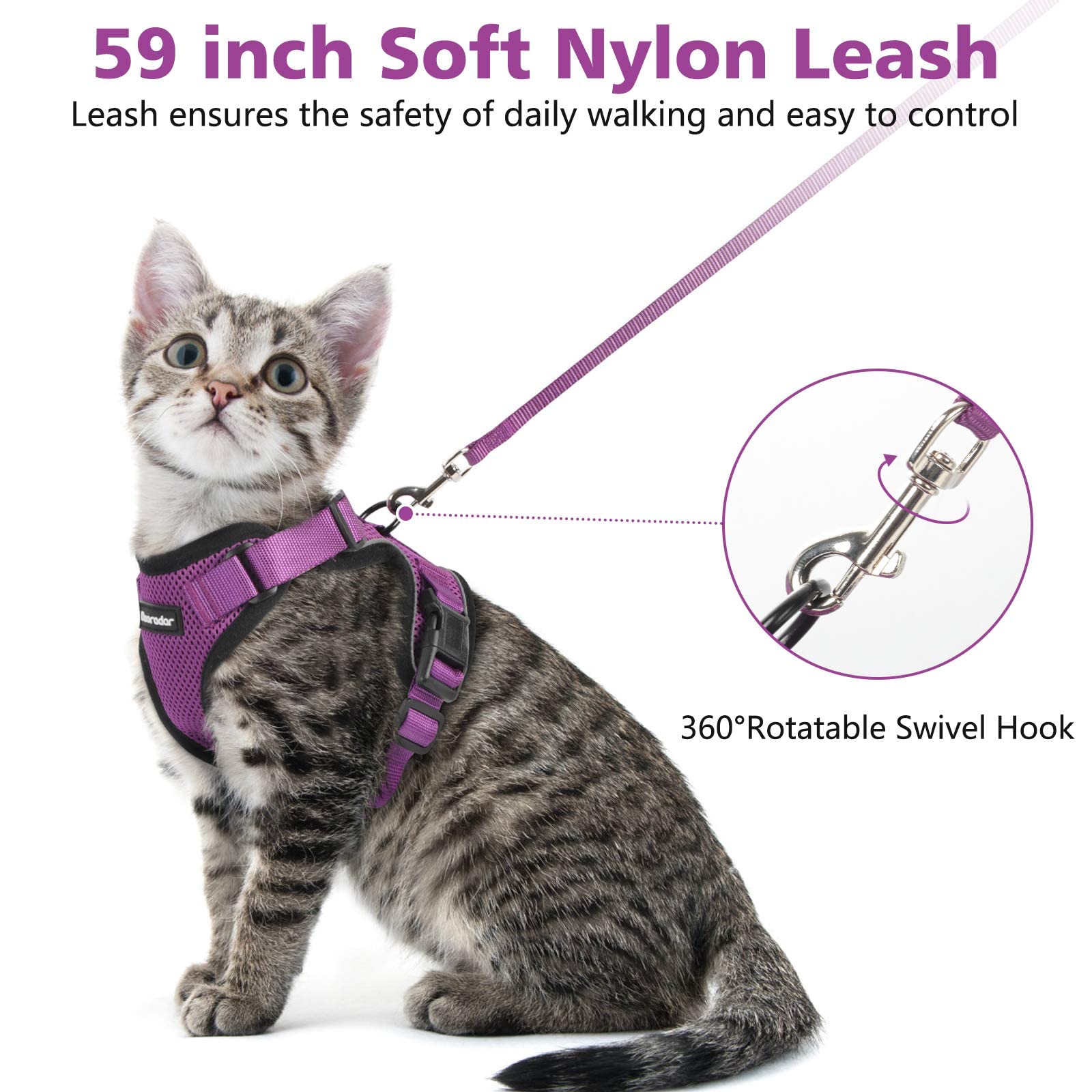 Dooradar Cat Harness And Leash Set, Escape Proof Safe Adjustable Kitten Vest Harnesses For Walking, Easy Control Soft Breathable Mesh Jacket With Reflective Strips For Cats, Purple, S