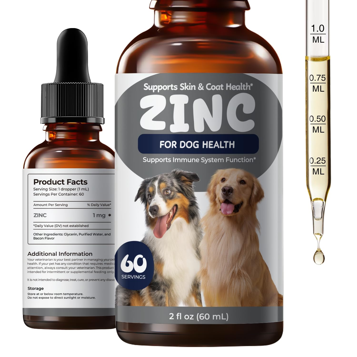 Zinc Drops for Dogs - Liquid Zinc Supplement for Skin & Coat Health, Immune Support Trace Mineral, Bacon Flavored Dog Supplement