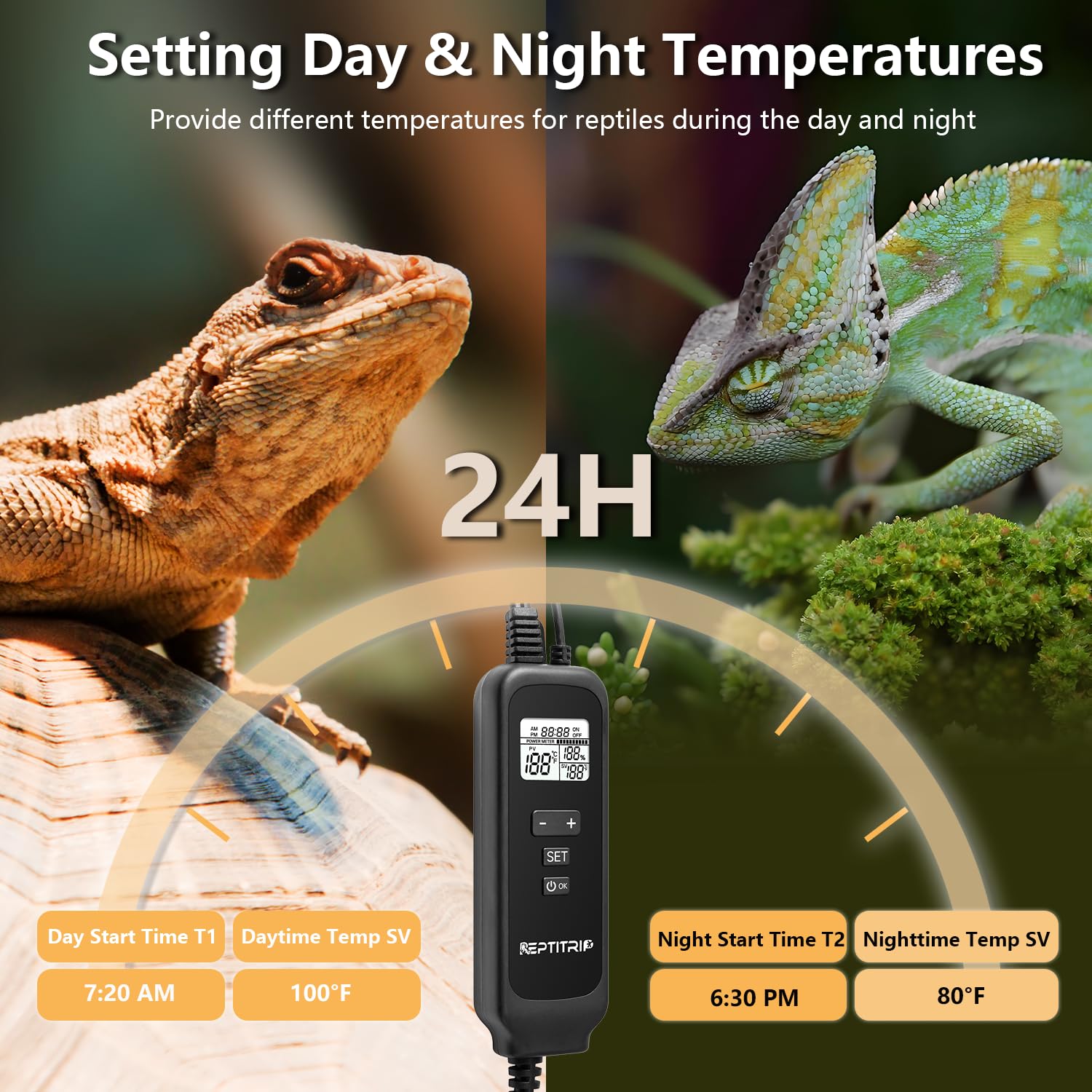 Reptitrip 8.5-Inch Day/Night Thermostatic Reptile Light Fixture - Heat Lamp Temperature Controller (Max 150W) For Bearded Dragon