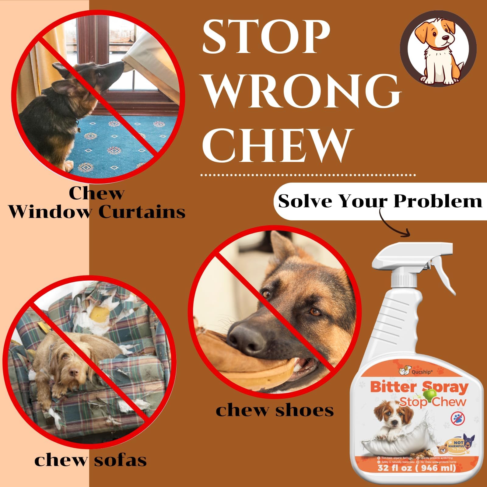 Qucship 16Oz Natural Spray To Prevent Dogs From Chewing Furniture And Items, Suitable For All Dog Breeds