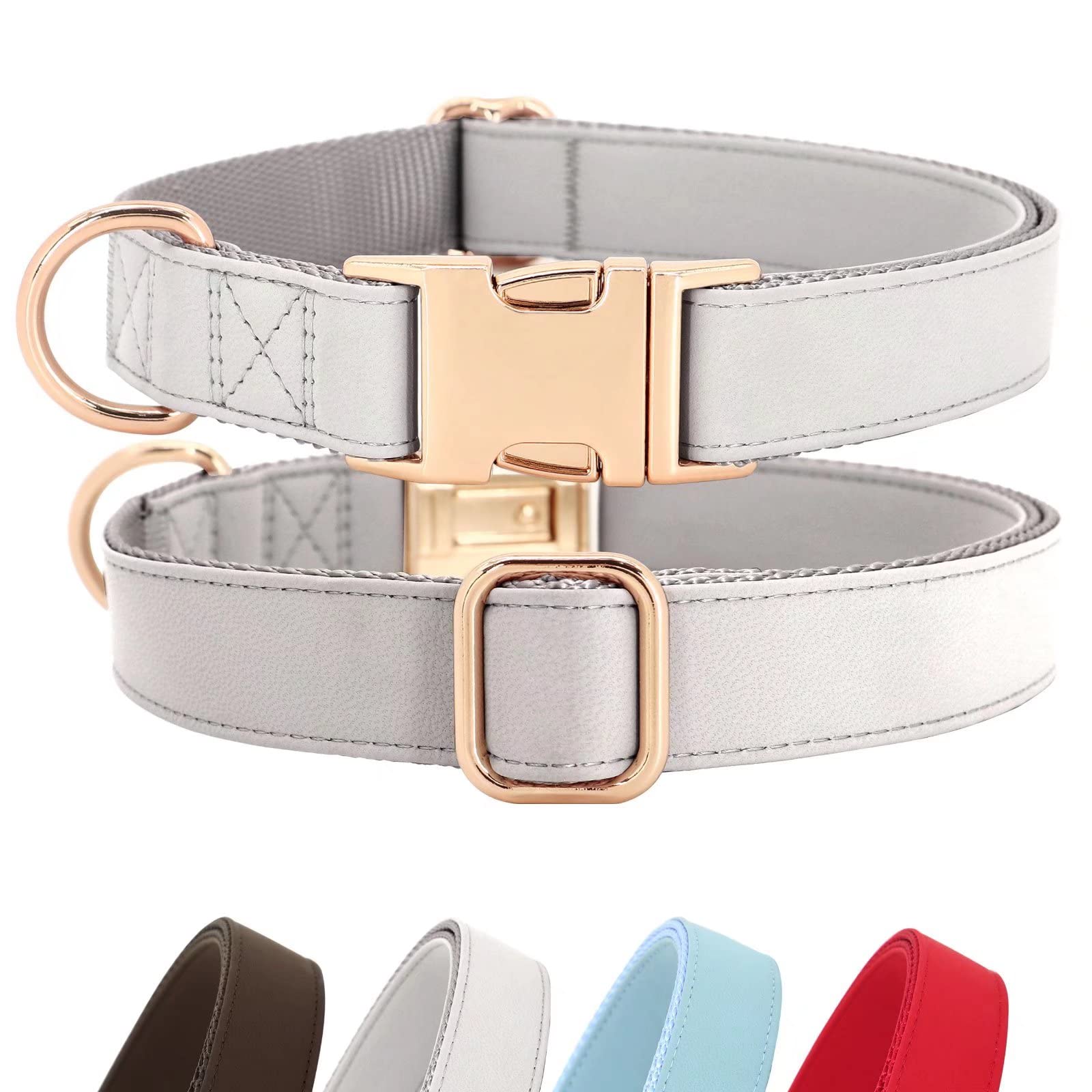 Pet Artist Charming Nylon Dog Collar With Leather Soft Comfy Elegant Nylon Collars For Dogs Small Medium Large 4 Bright Solid Color For Choosing Blue Red Brown Grey (Grey,Neck Fit 16-27'')