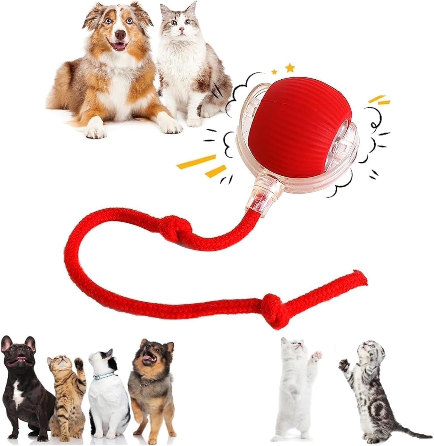 THE CLOTHING DOOR SmSmart Interactive Rolling Ball Dog Toy | Automatic 360 Moving Pet Toy with LED Lights and Teaser Rope | USB 