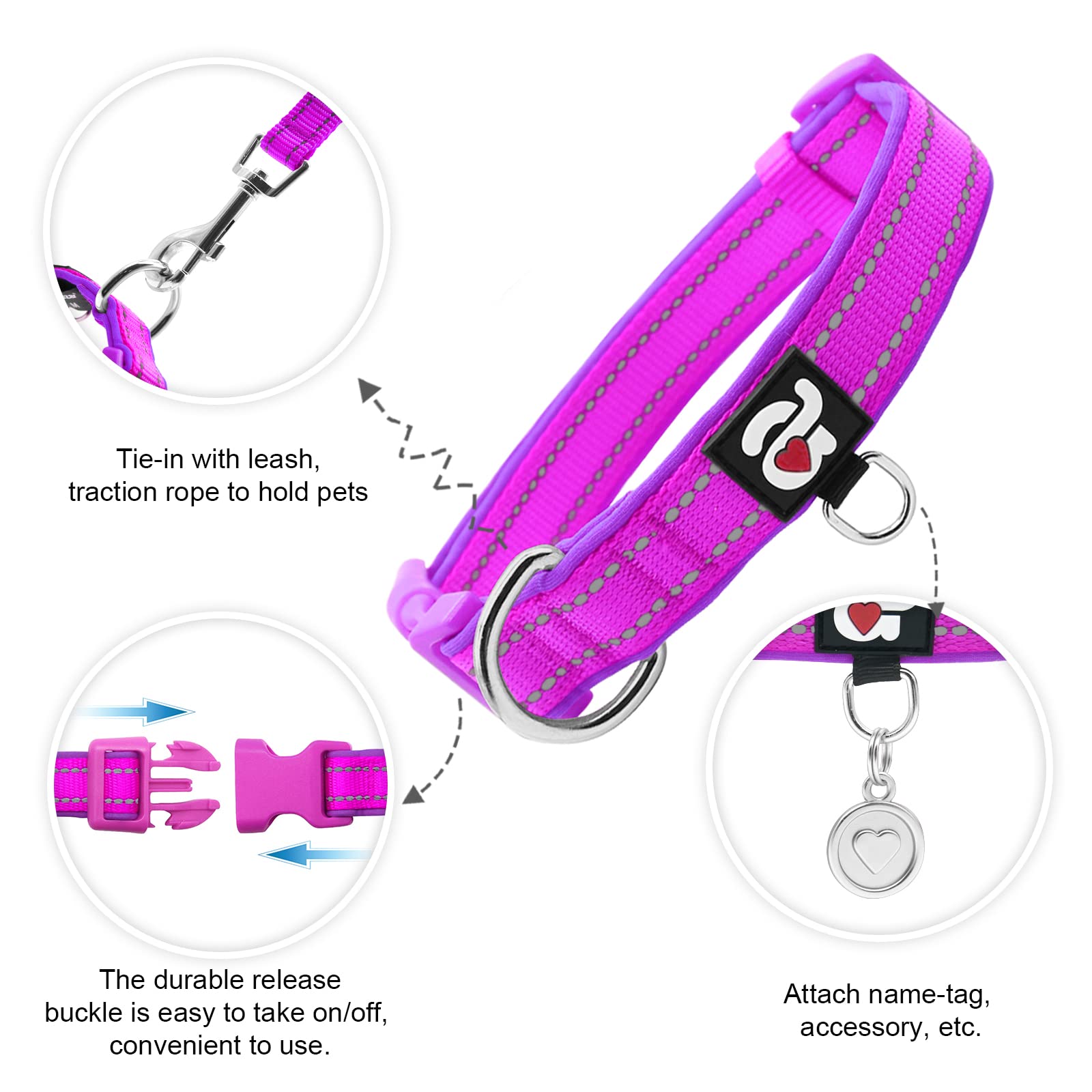 Azuza Reflective Dog Collar,Soft Neoprene Padded Pet Collar With Id Tag Ring,Adjustable For Large Dogs,Purple,L