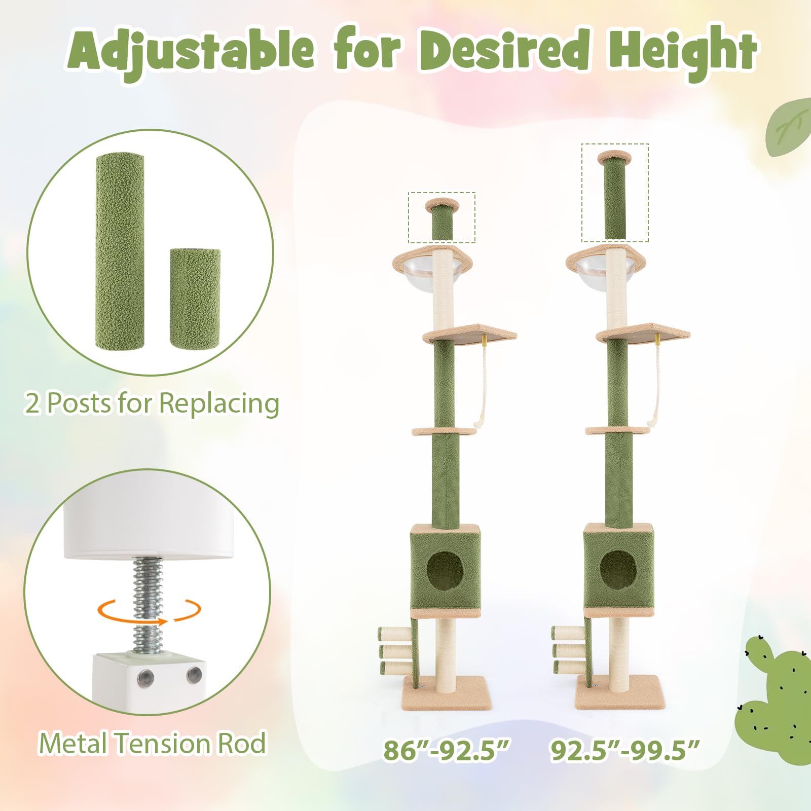Tangkula Floor To Ceiling Cat Tree, 5 Tier Tall Cat Tower With 86   -99.5    Adjustable Height, Extra Replaceable Post, Tension