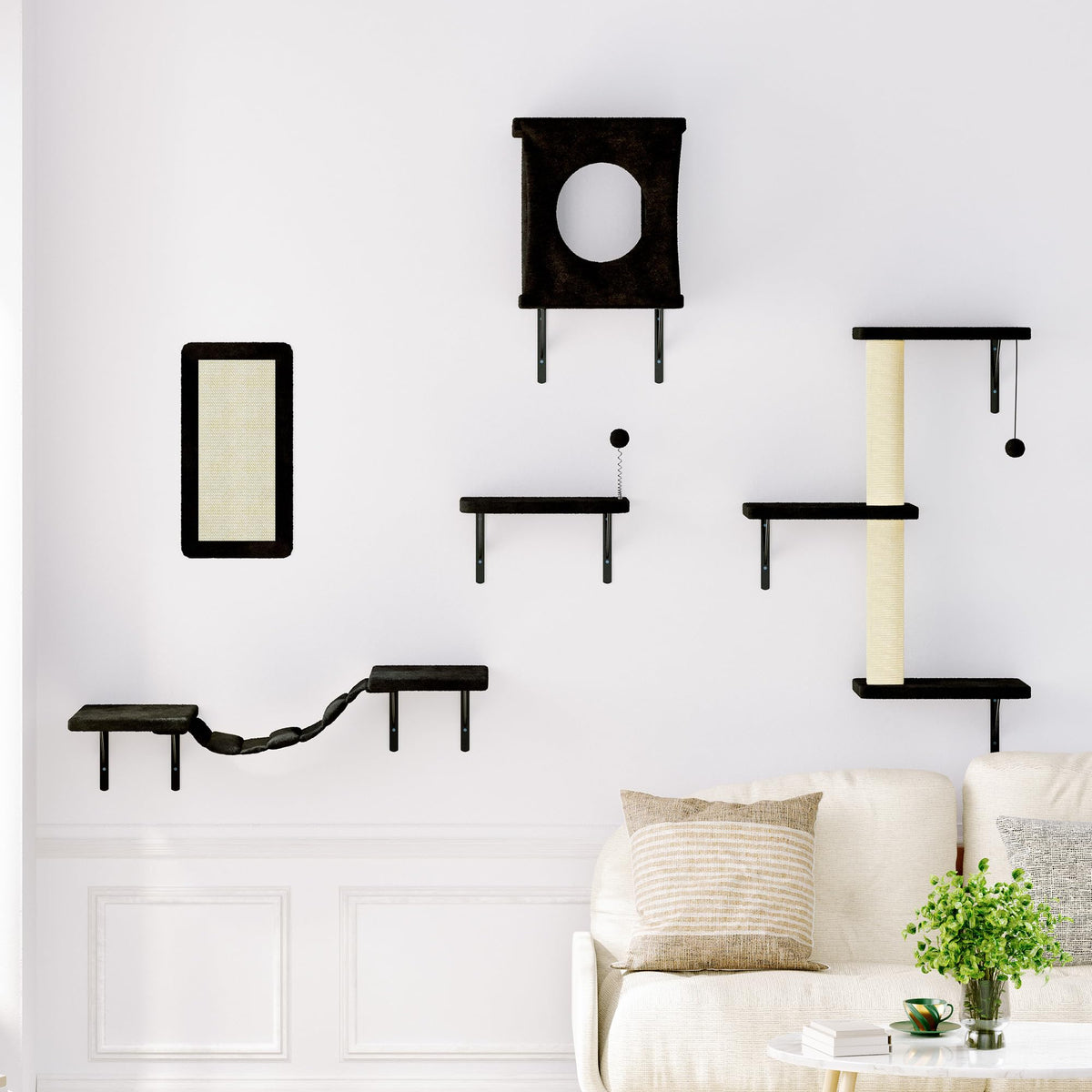 Nunu Lab Cat Wall Shelves Set, 5 Pcs Wall-Mounted Cat Climber With Condo House, Bridge Ladder, Scratching Post, Indoor Cat Furni