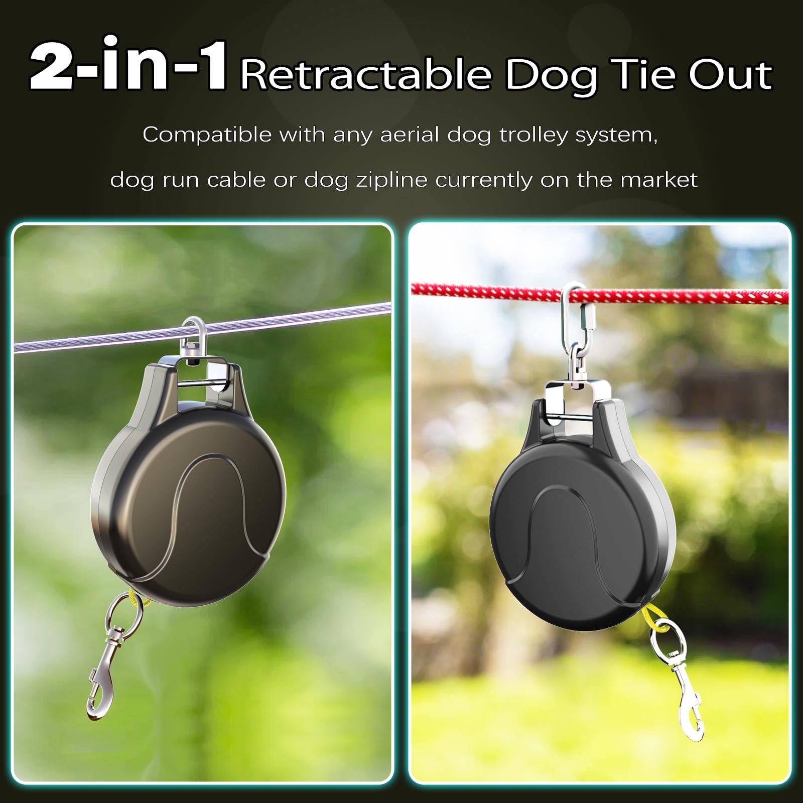 Pestairs 30Ft Dog Tie Out Cable And Retractable Dog Leash, 2-In-1 Lead For Zipline, Aerial Run Cable Trolley Or Anchor, No Tangl