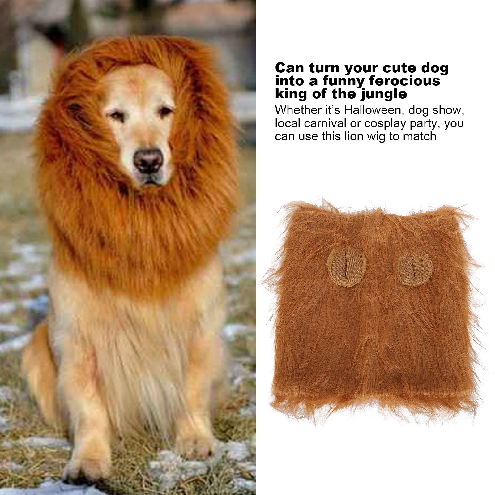 Lion Mane for Dog, Pet Lion Mane Costume Drawstring Dog Lion Mane Light Brown Pet Headgear Costume for Dog Fancy Lion Hair Dog C