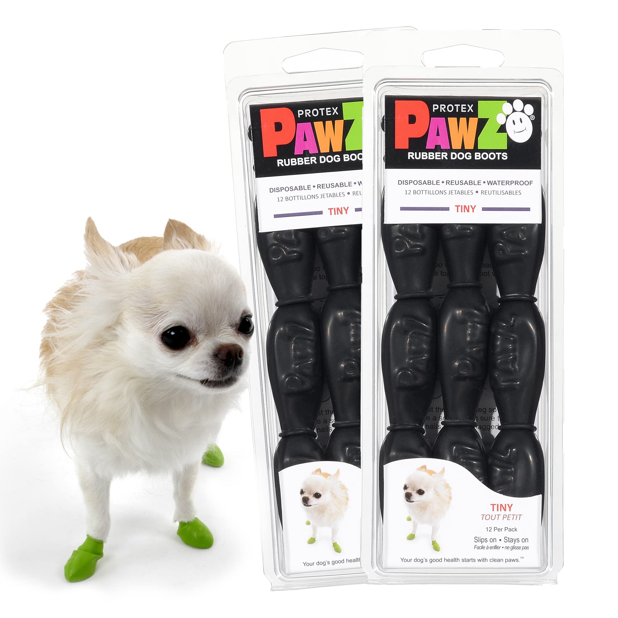 PawZ Rubber Dog Boots for Paws up to 1'', 24 Total (2 Packs of 12) - All-Weather Dog Booties for Hot Pavement, Snow, Mud, and Ra