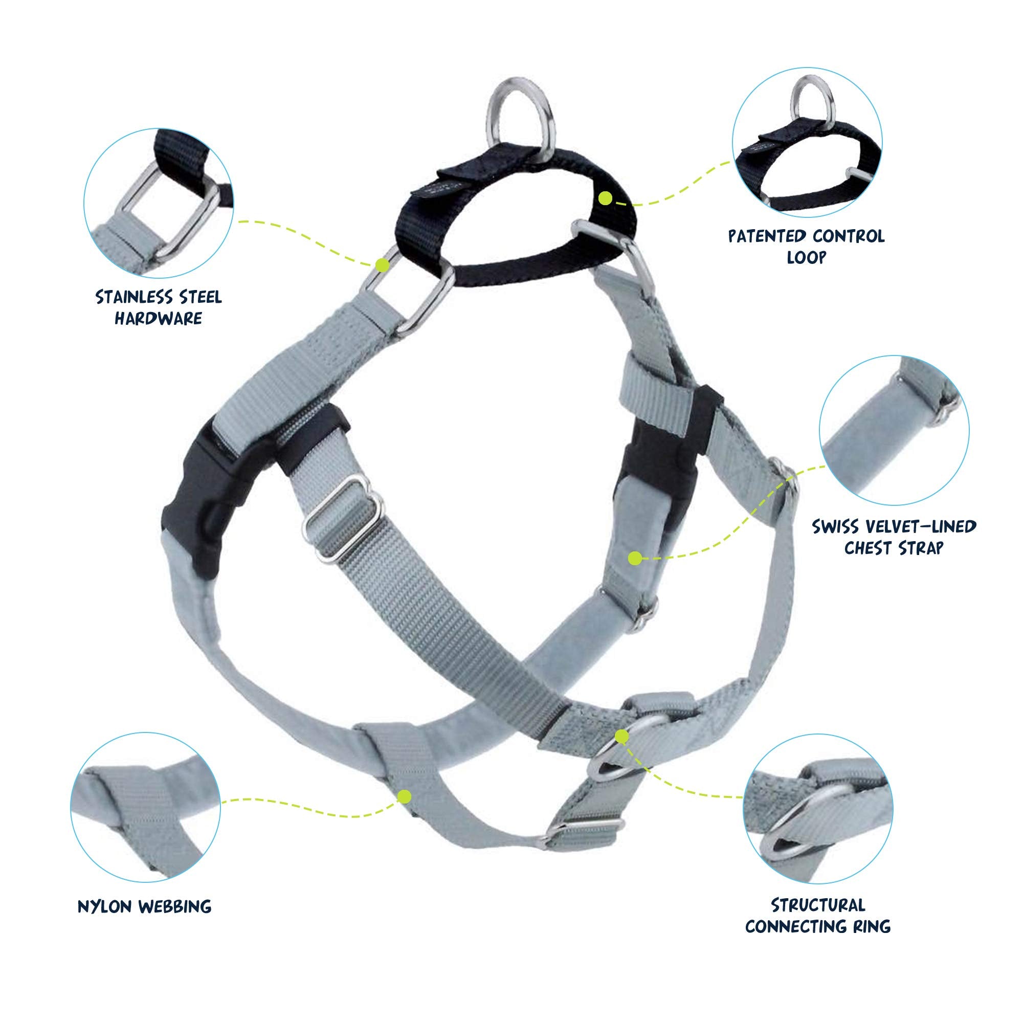 2 Hounds Design Freedom No Pull Dog Harness, Adjustable Harness And Leash Set, Easy Walking & Comfortable Control, Fits Small, Medium & Large Dogs, Solid Colors, Made In Usa, 1' Md, Silver