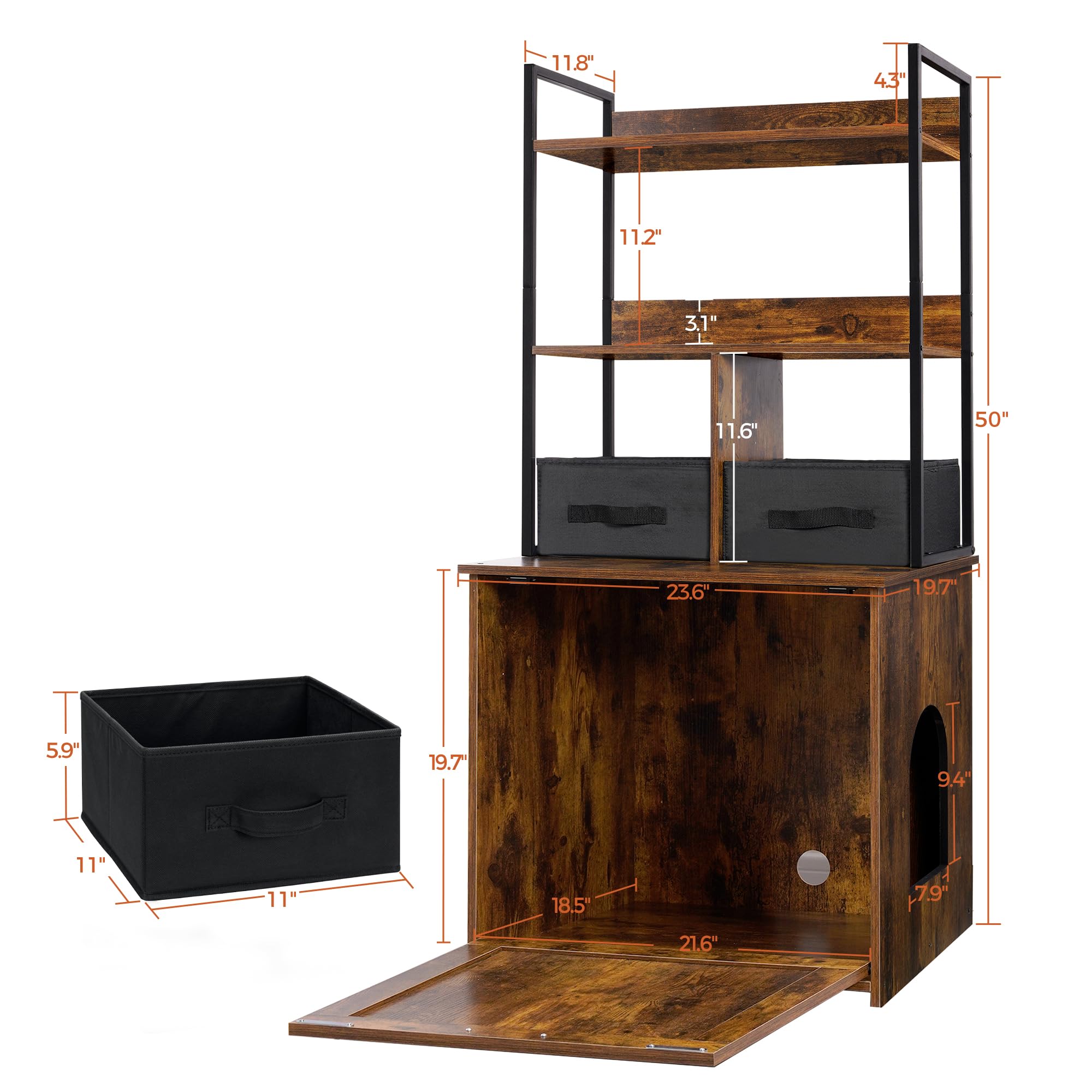 Dwanton Cat Litter Box Enclosure, 50-Inch Rustic Brown, 2 Storage Shelves & Drawers, Particleboard & Steel, Reversible Entrance