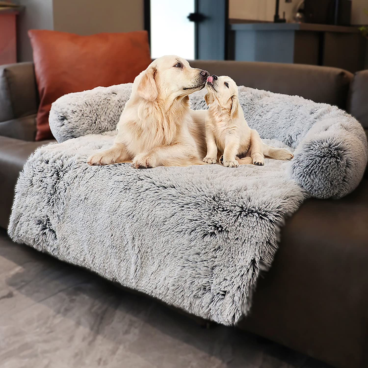 Tinaco Luxurious Calming Dogs/Cats Bed Mats, Washable Removable Couch Cover, Plush Long Fur Mat, Waterproof Lining, Perfect For Small, Medium And Large Pets (Gradient Gray, Xl)